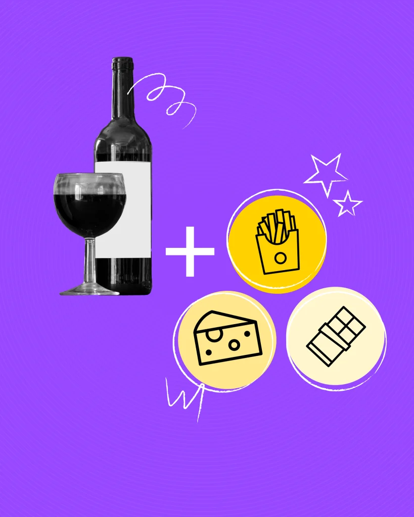 A bottle and glass of red wine on a purple background, a plus sign, and three circles holding icons of french fries, a chocolate bar, and cheese.