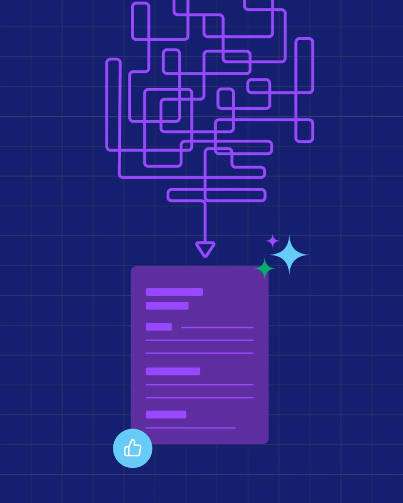 Illustration of a tangled maze of purple lines resolving into a single arrow that points to a clean, well-organized document with a thumbs-up icon