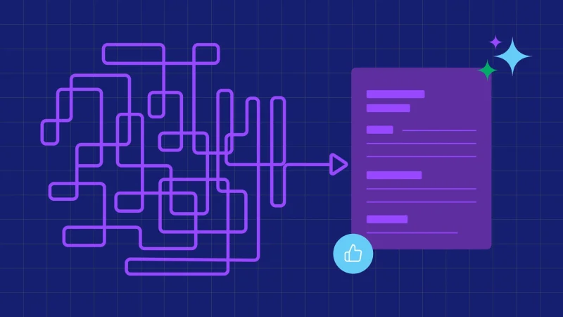 Illustration of a tangled maze of purple lines resolving into a single arrow that points to a clean, well-organized document with a thumbs-up icon