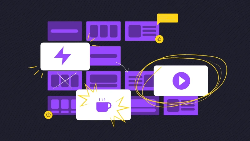A grid of purple content cards on a dark background with three white cards standing out, showing a lightning bolt, a coffee cup, and a circled play button.
