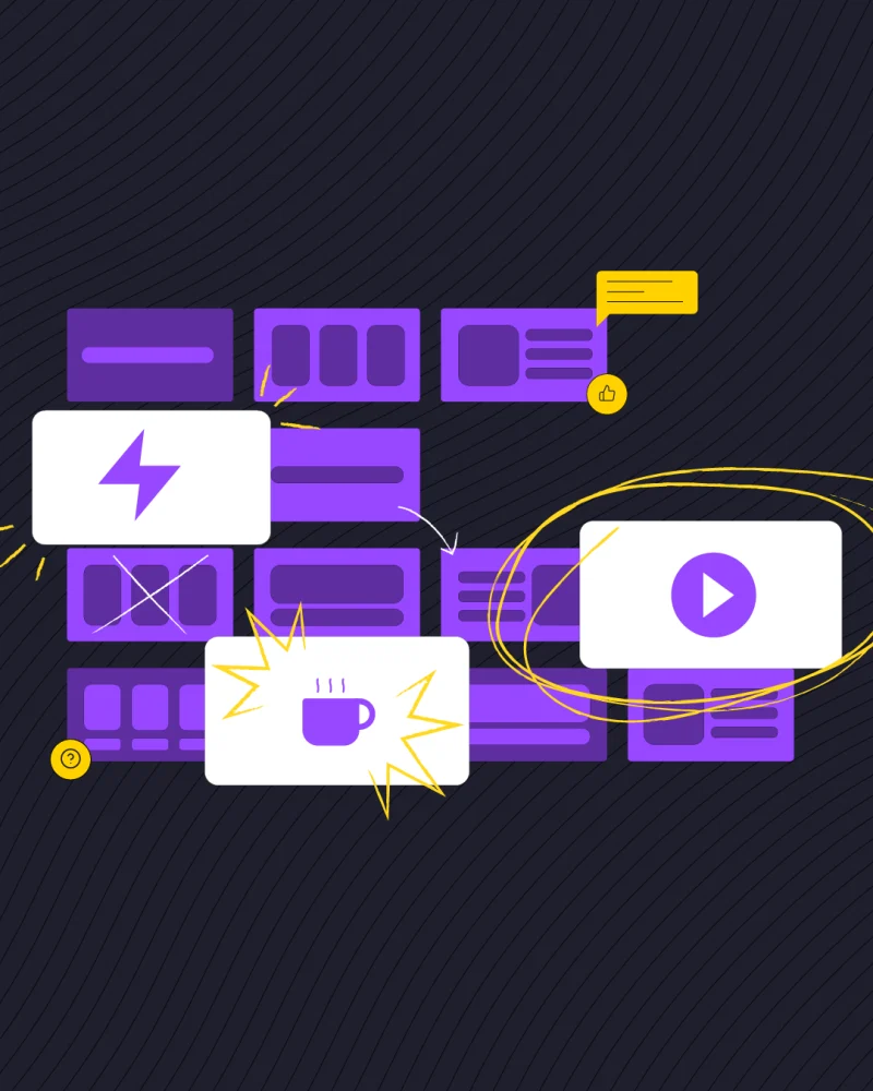 A grid of purple content cards on a dark background with three white cards standing out, showing a lightning bolt, a coffee cup, and a circled play button.