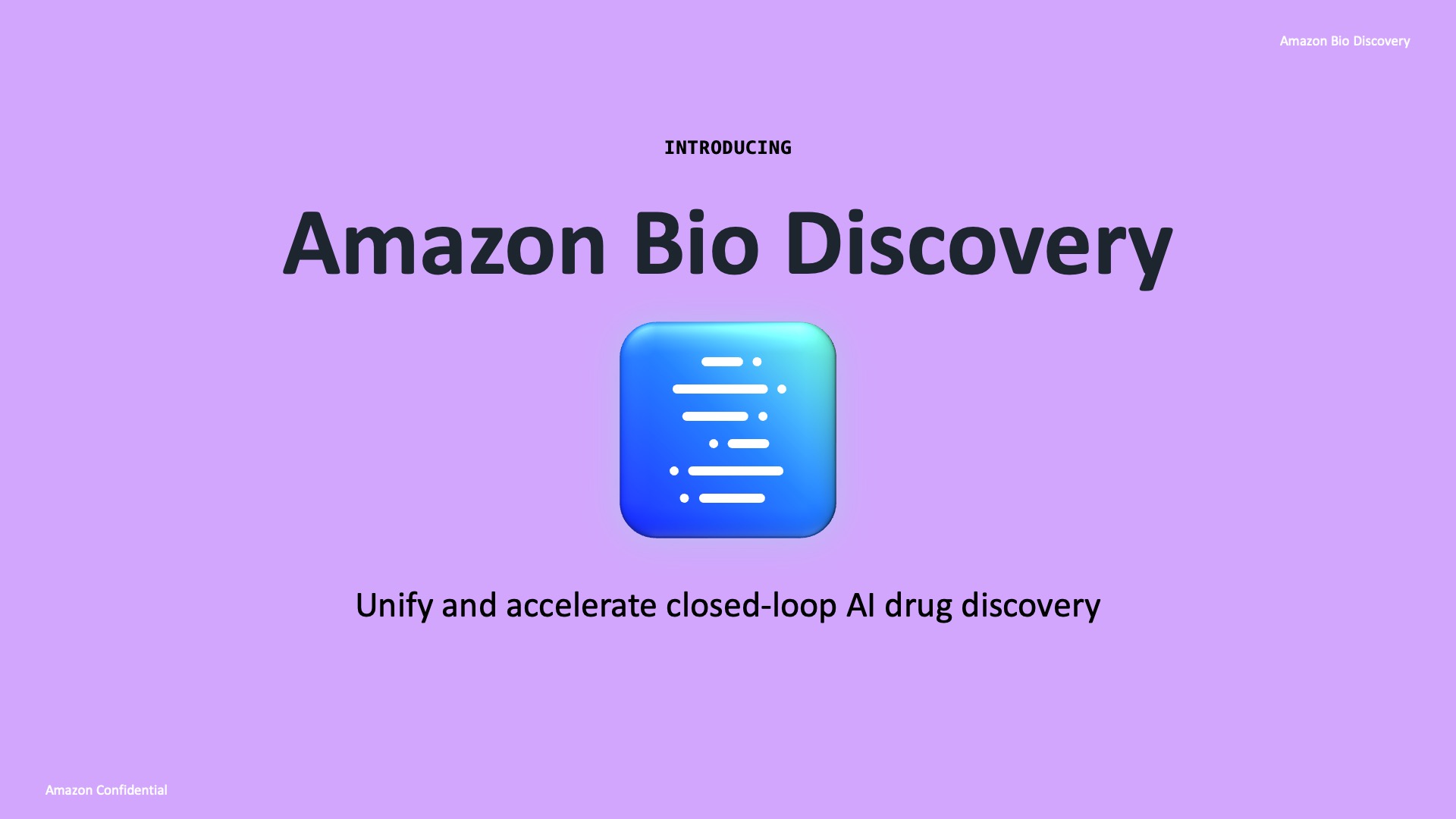Lavender slide introducing Amazon Bio Discovery with a glowing blue app icon.