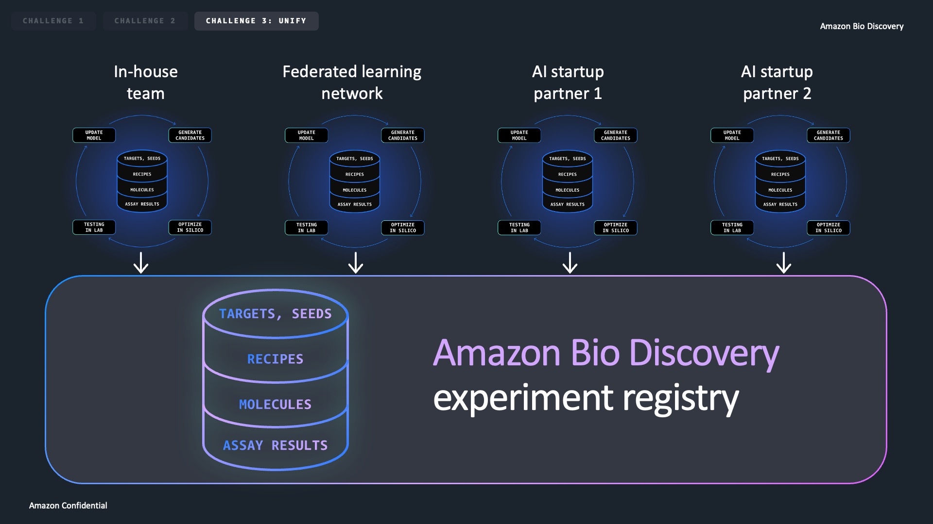 Diagram slide with four team databases feeding a shared experiment registry.