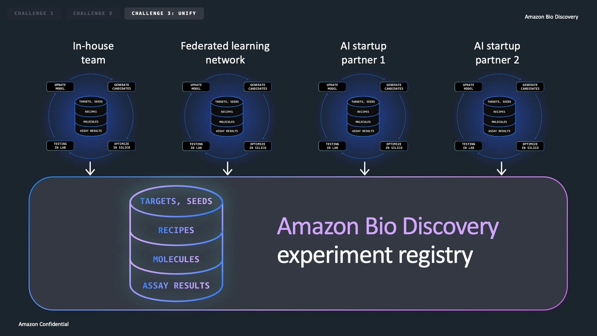 Diagram slide with four team databases feeding a shared experiment registry.