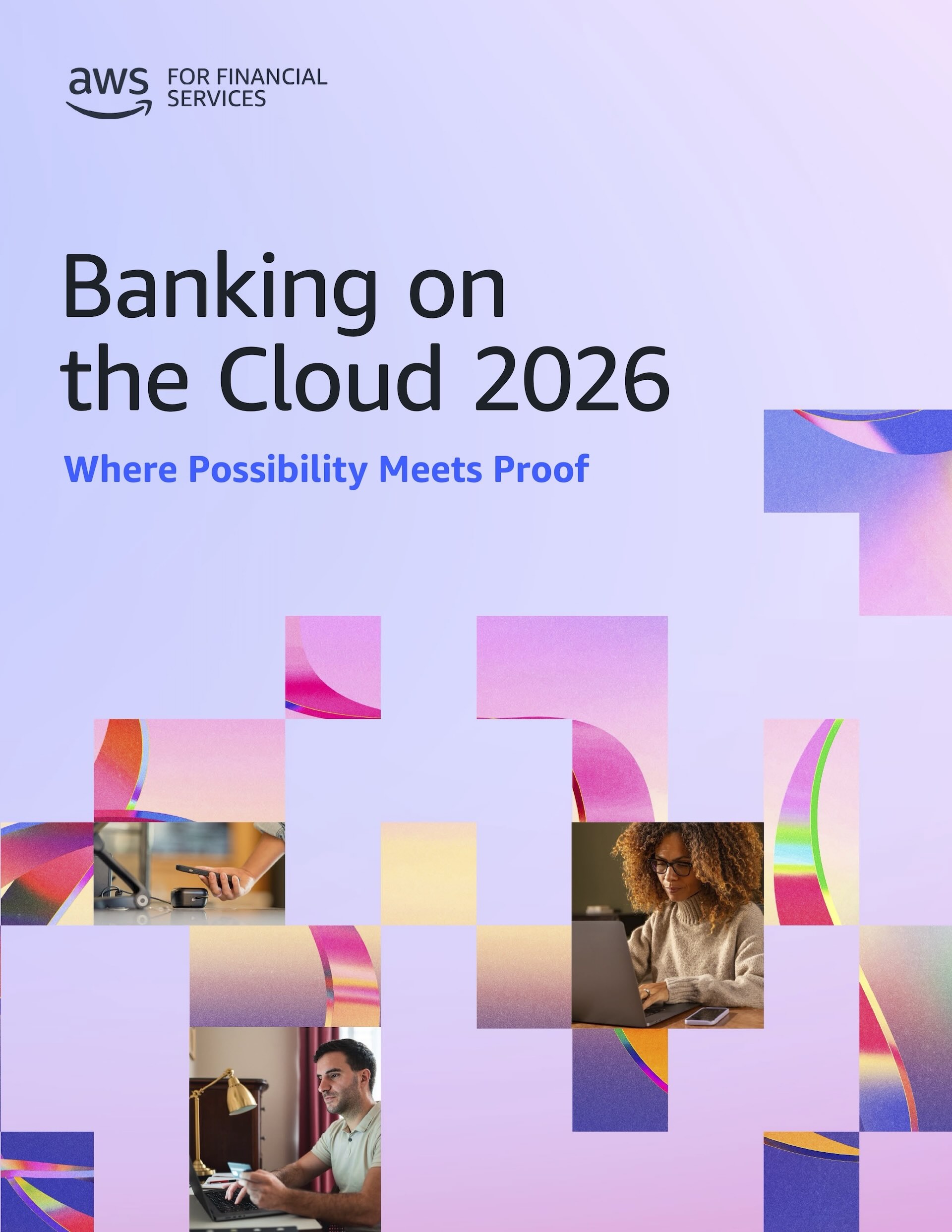 Cover of the AWS Banking on the Cloud 2026 report, with a mosaic of gradient and photo tiles below the title.