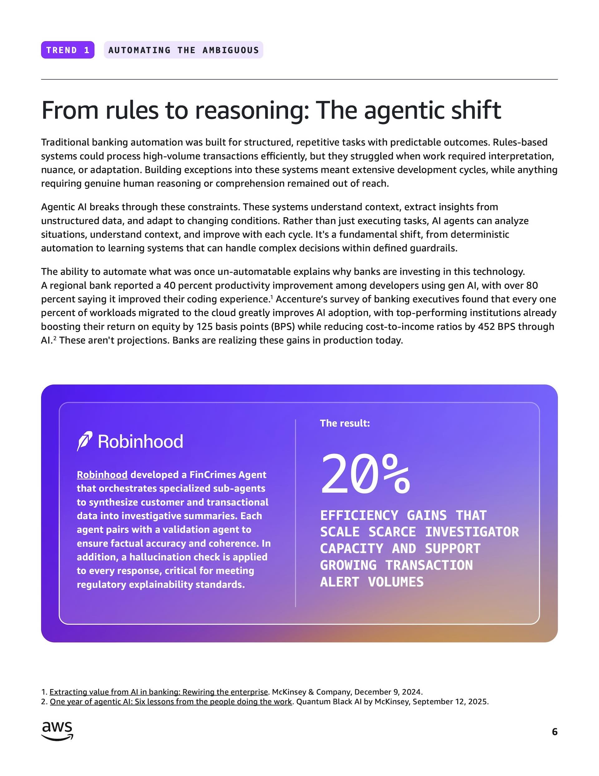 Trend page titled From rules to reasoning: The agentic shift, with a Robinhood callout card and a 20 percent statistic.