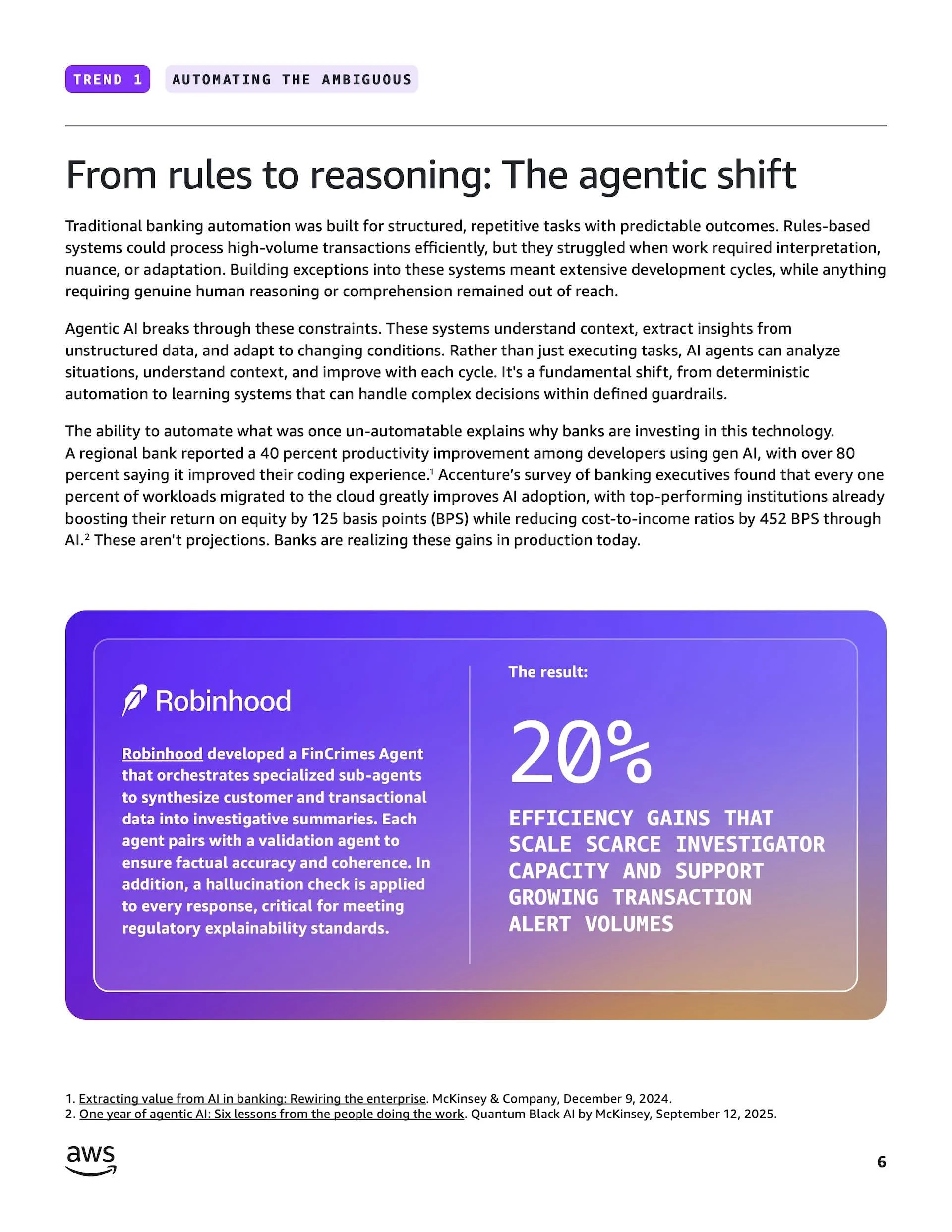 Trend page titled From rules to reasoning: The agentic shift, with a Robinhood callout card and a 20 percent statistic.