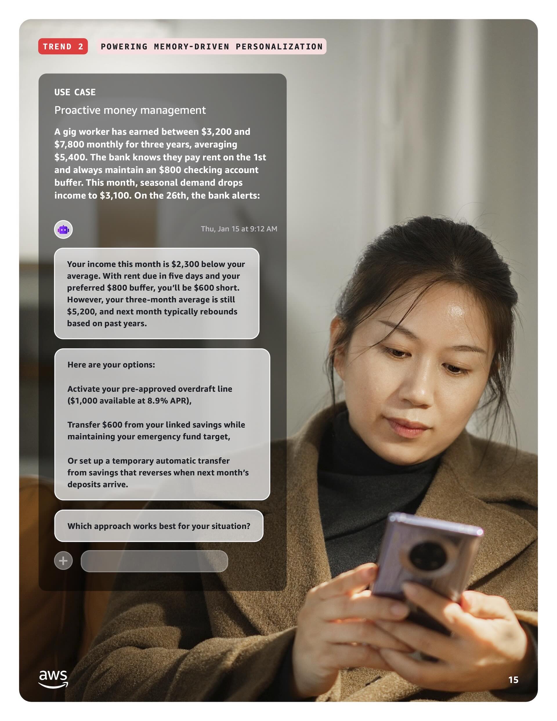 Full-page photo of a woman checking her phone, overlaid with a chat panel showing a proactive money management use case.
