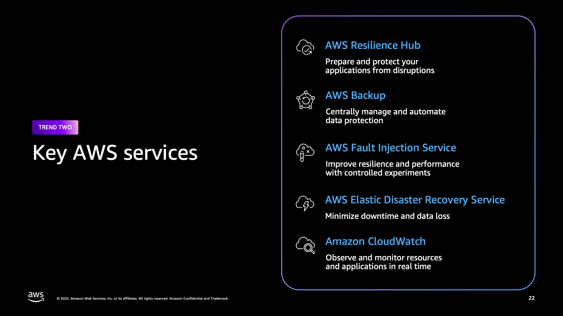 Black slide listing five key AWS resilience services in a blue-outlined panel.