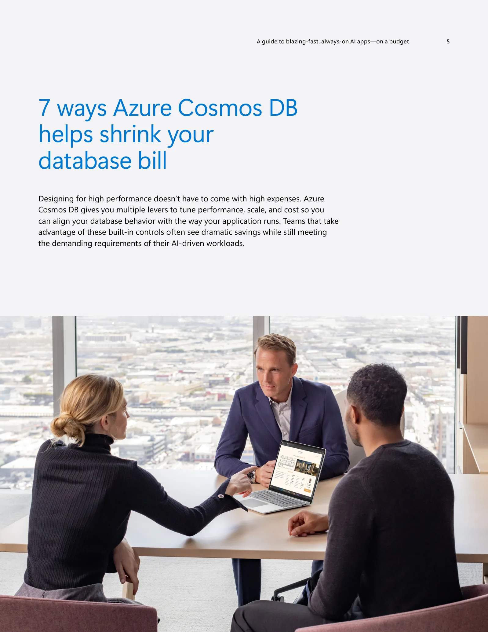 Azure Cosmos DB on a budget ebook, seven ways to shrink your database bill spread