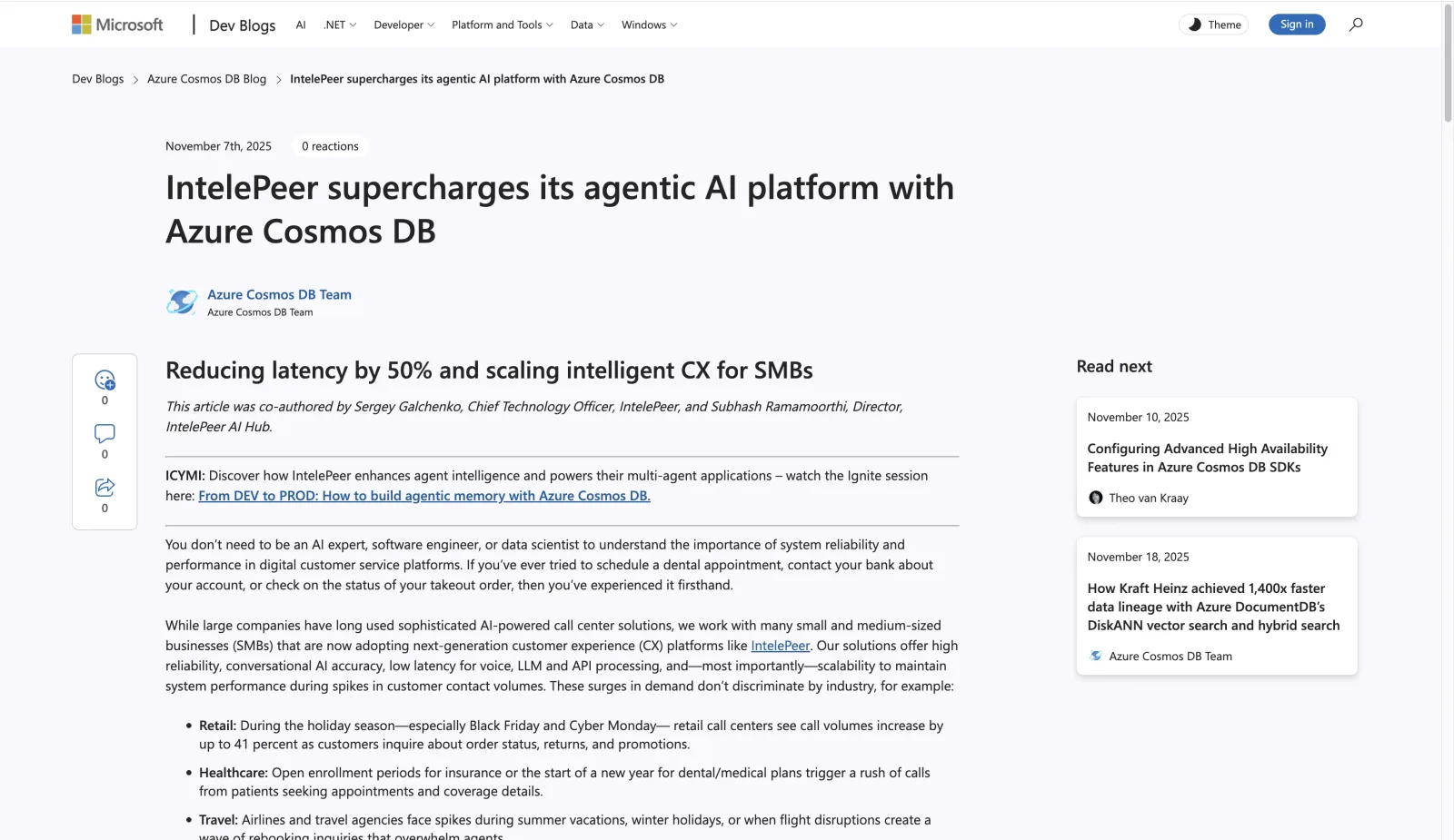 Azure Cosmos DB technical blog series, the IntelePeer post on the Azure Cosmos DB blog