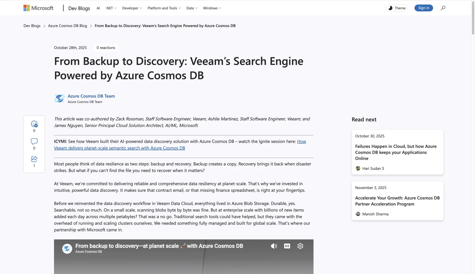Azure Cosmos DB technical blog series, the Veeam post on the Azure Cosmos DB blog