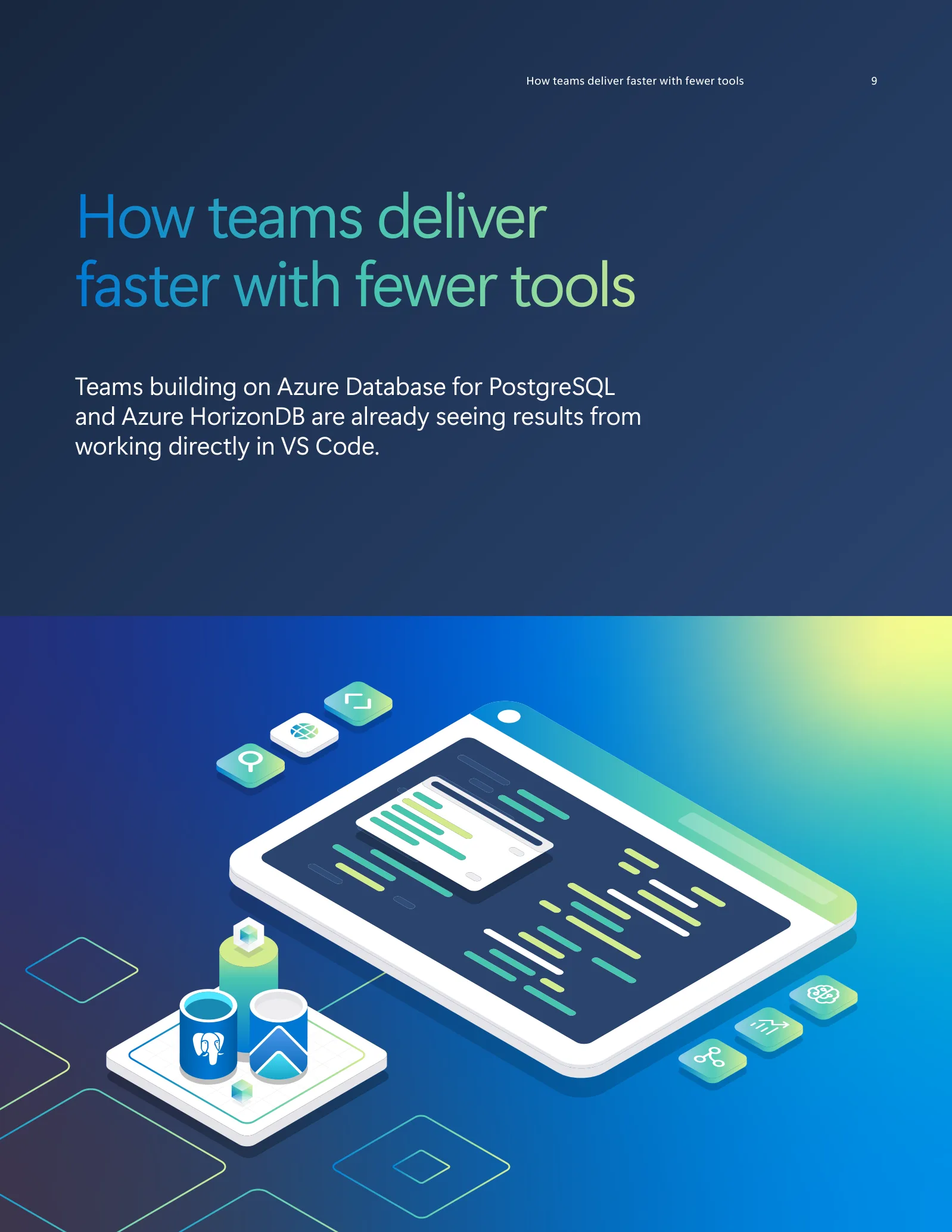 Azure Database for PostgreSQL VS Code ebook, how teams deliver faster with fewer tools spread