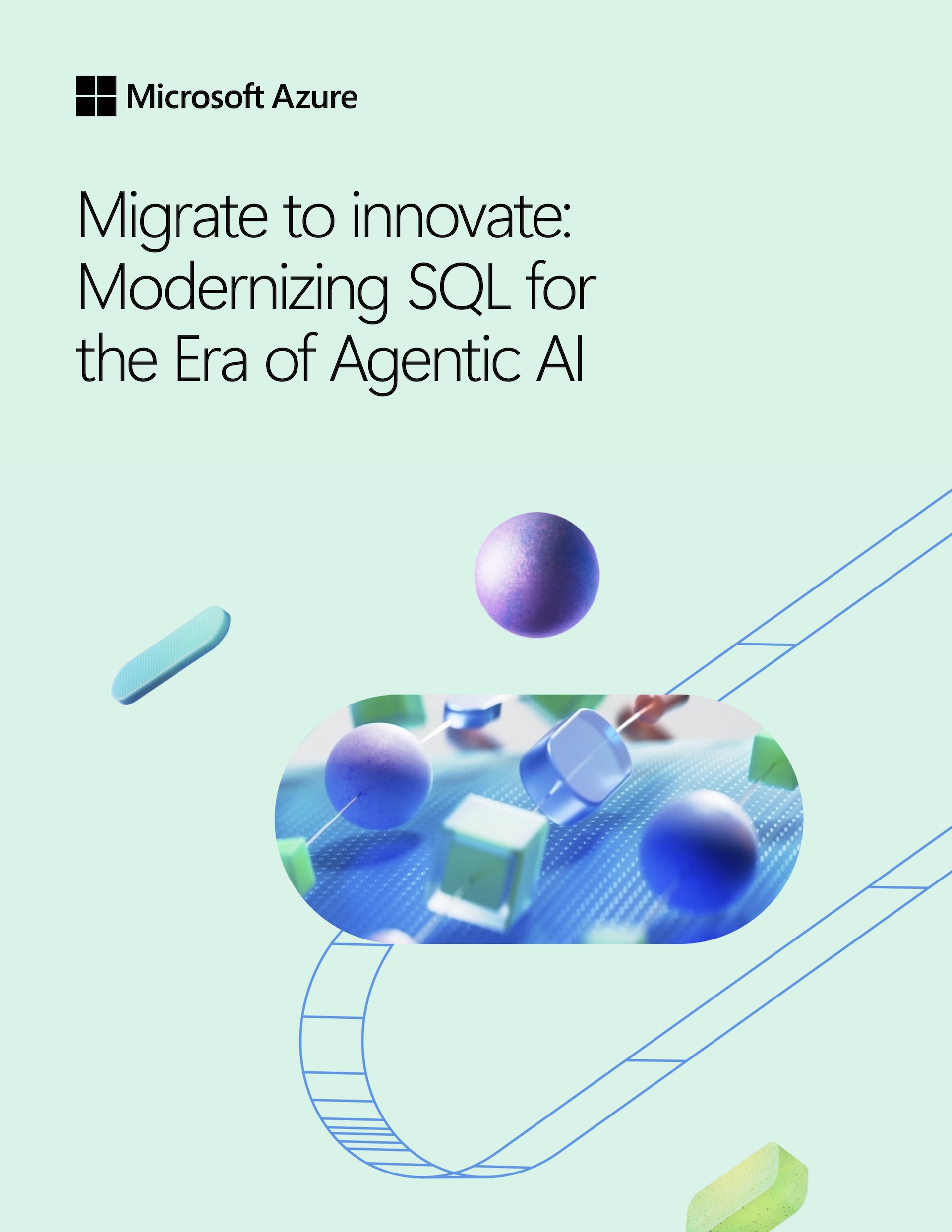 Cover of the Azure ebook Migrate to innovate, with glossy 3D spheres and cubes on a pale mint background.