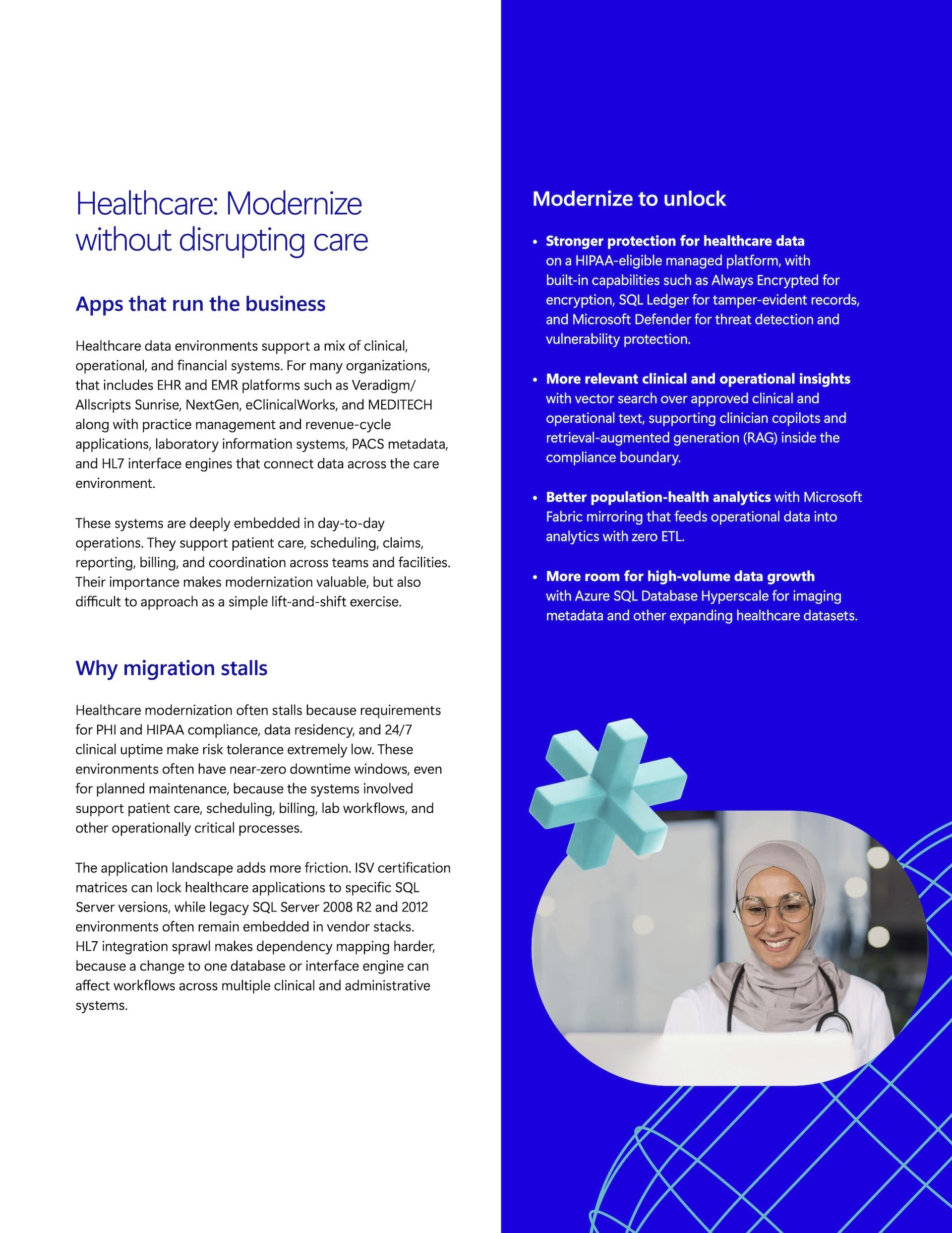 Healthcare spread with a cobalt panel, a Modernize to unlock list, and a photo of a smiling clinician.