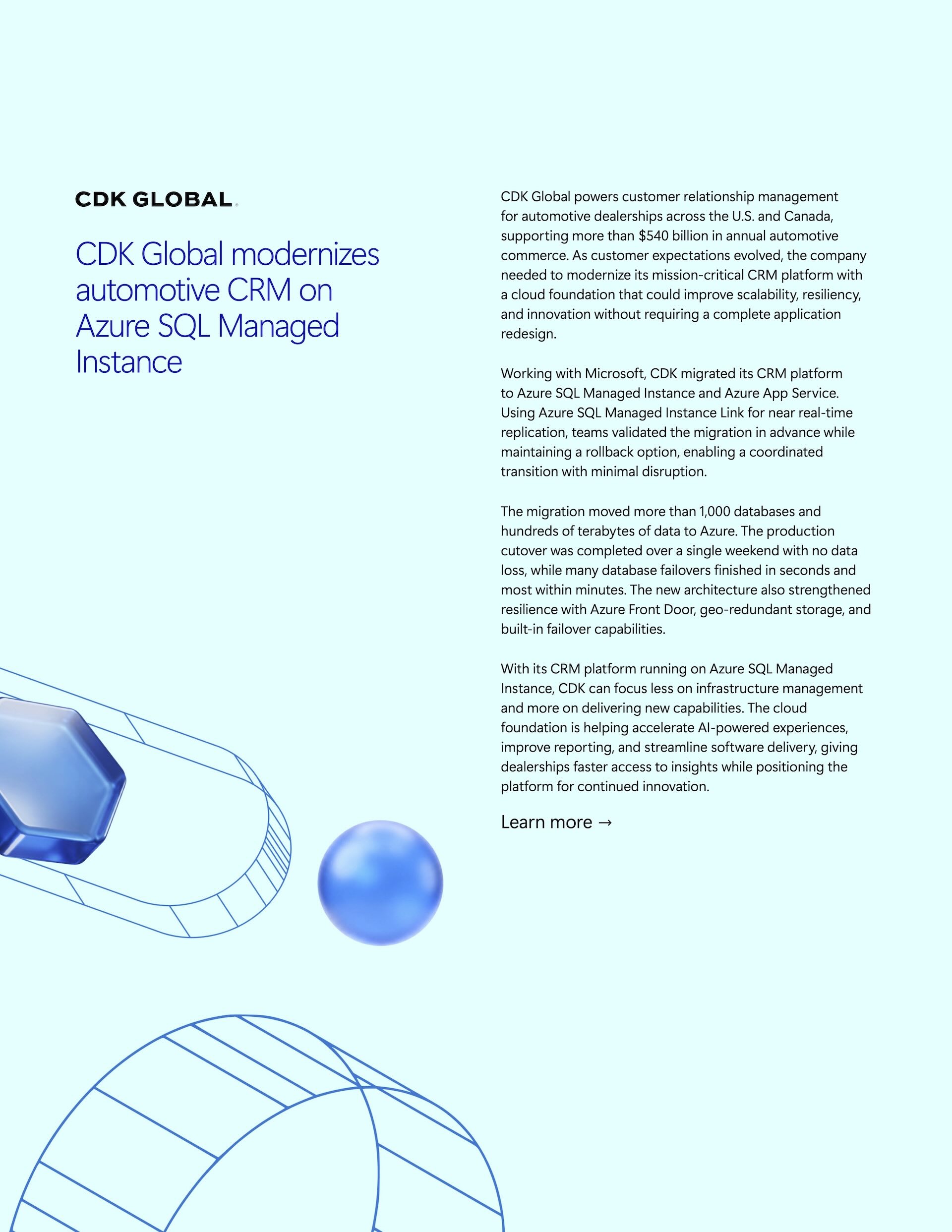 Customer story page: CDK Global modernizes automotive CRM on Azure SQL Managed Instance.