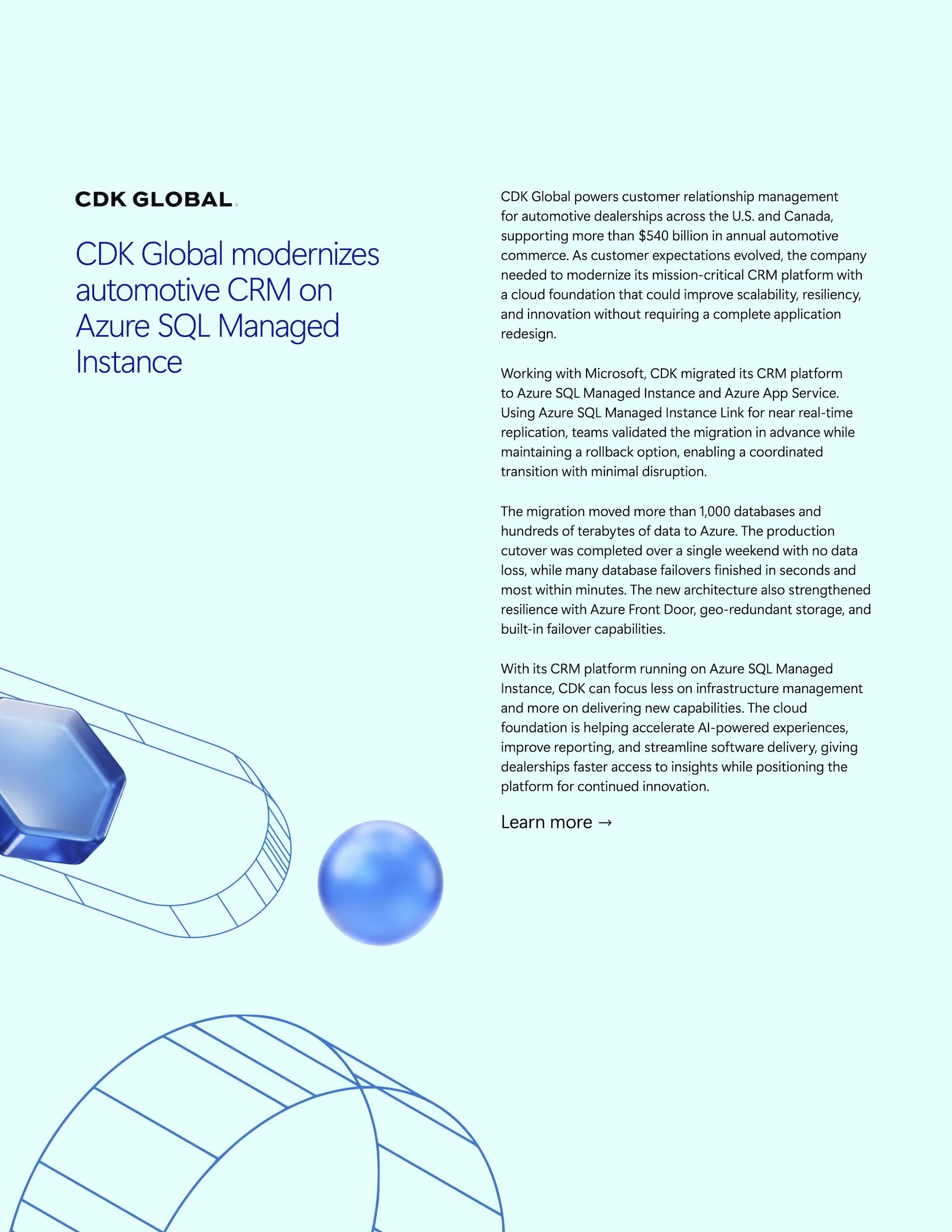 Customer story page: CDK Global modernizes automotive CRM on Azure SQL Managed Instance.