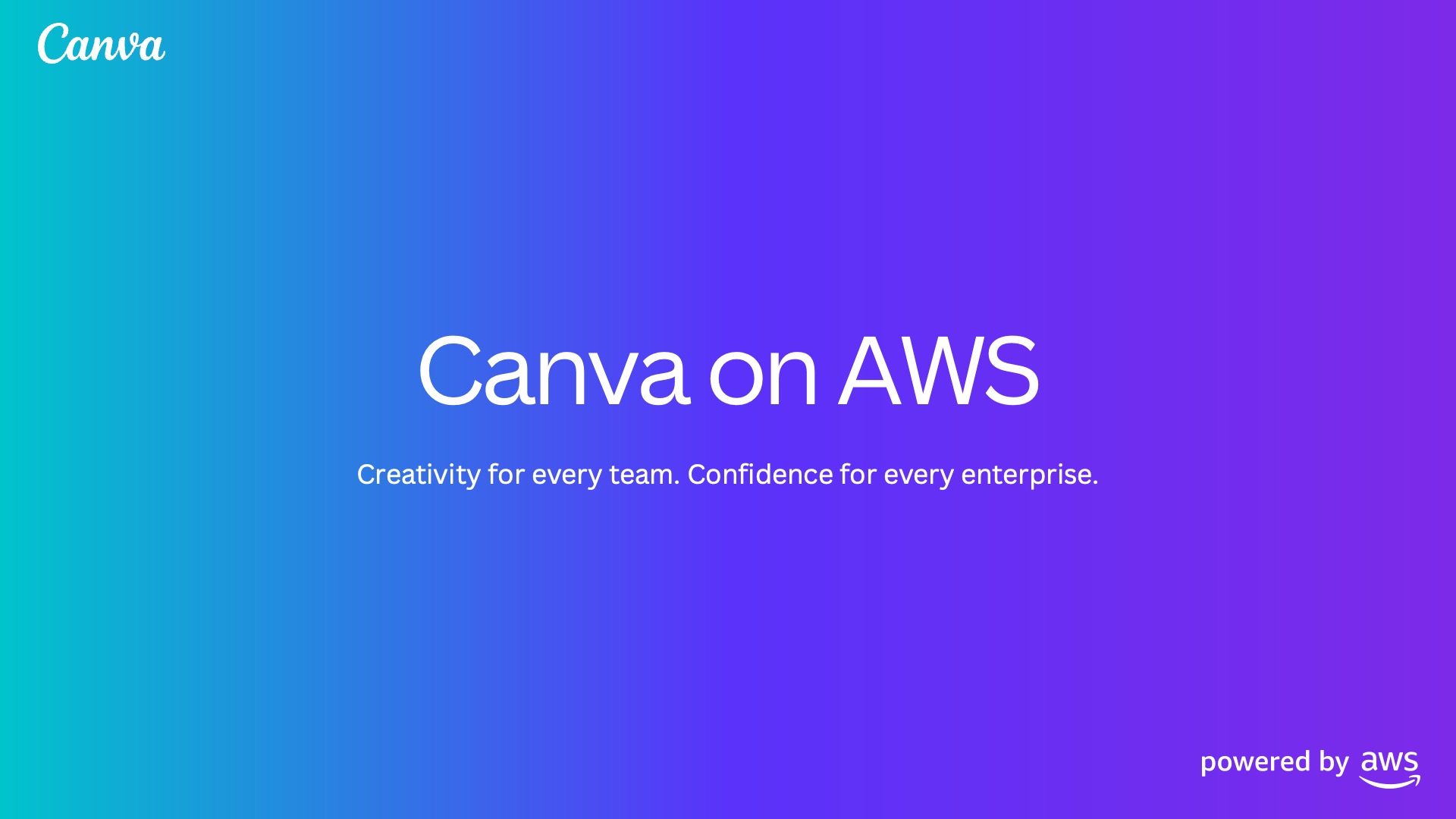 Violet title slide, Canva on AWS, creativity for every team, confidence for every enterprise.