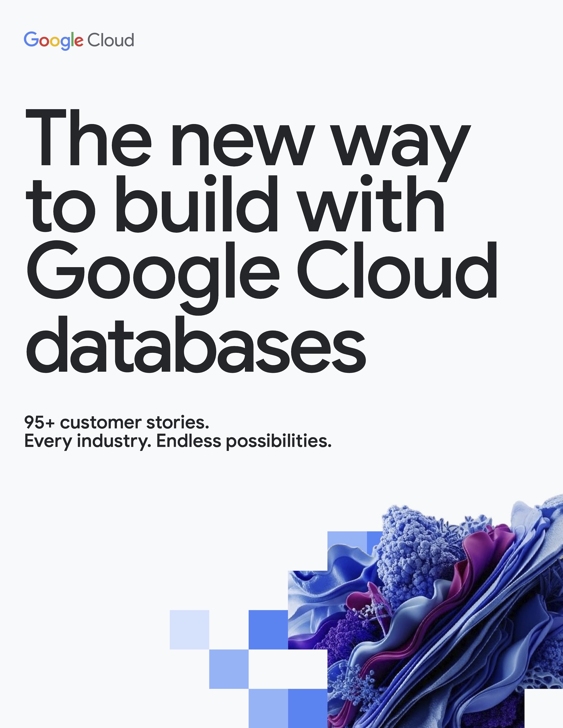 Cover of The new way to build with Google Cloud databases, with a blue and magenta 3D render in one corner.