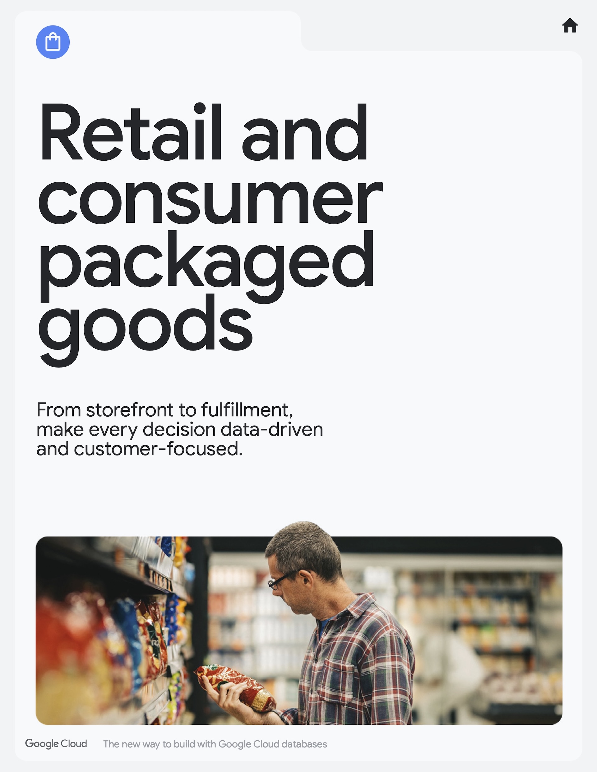 Section divider for retail and consumer packaged goods, with a photo of a shopper reading a package label.