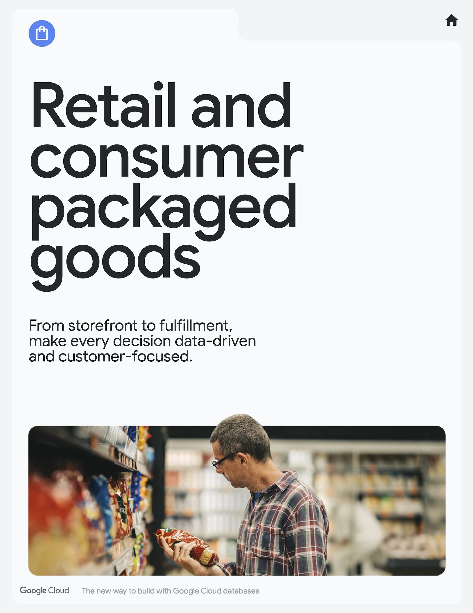 Section divider for retail and consumer packaged goods, with a photo of a shopper reading a package label.
