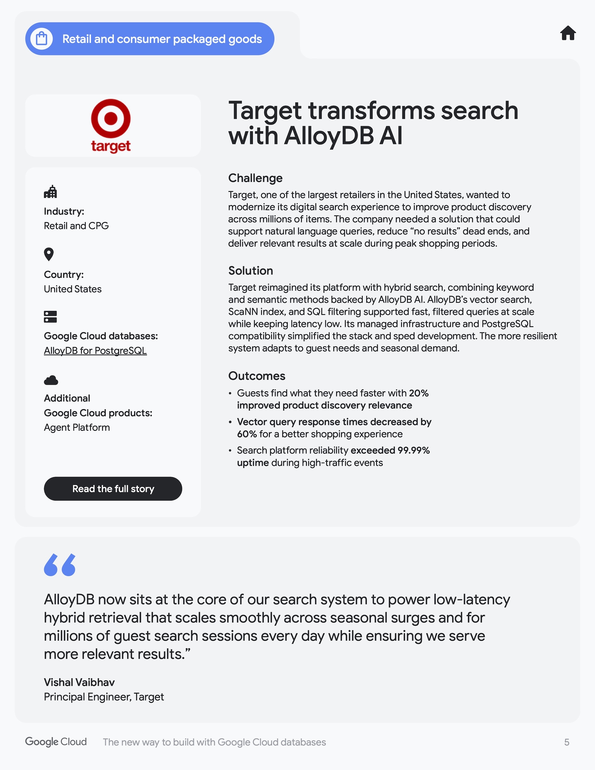 Customer story page titled Target transforms search with AlloyDB AI, with a Target sidebar and pull quote.