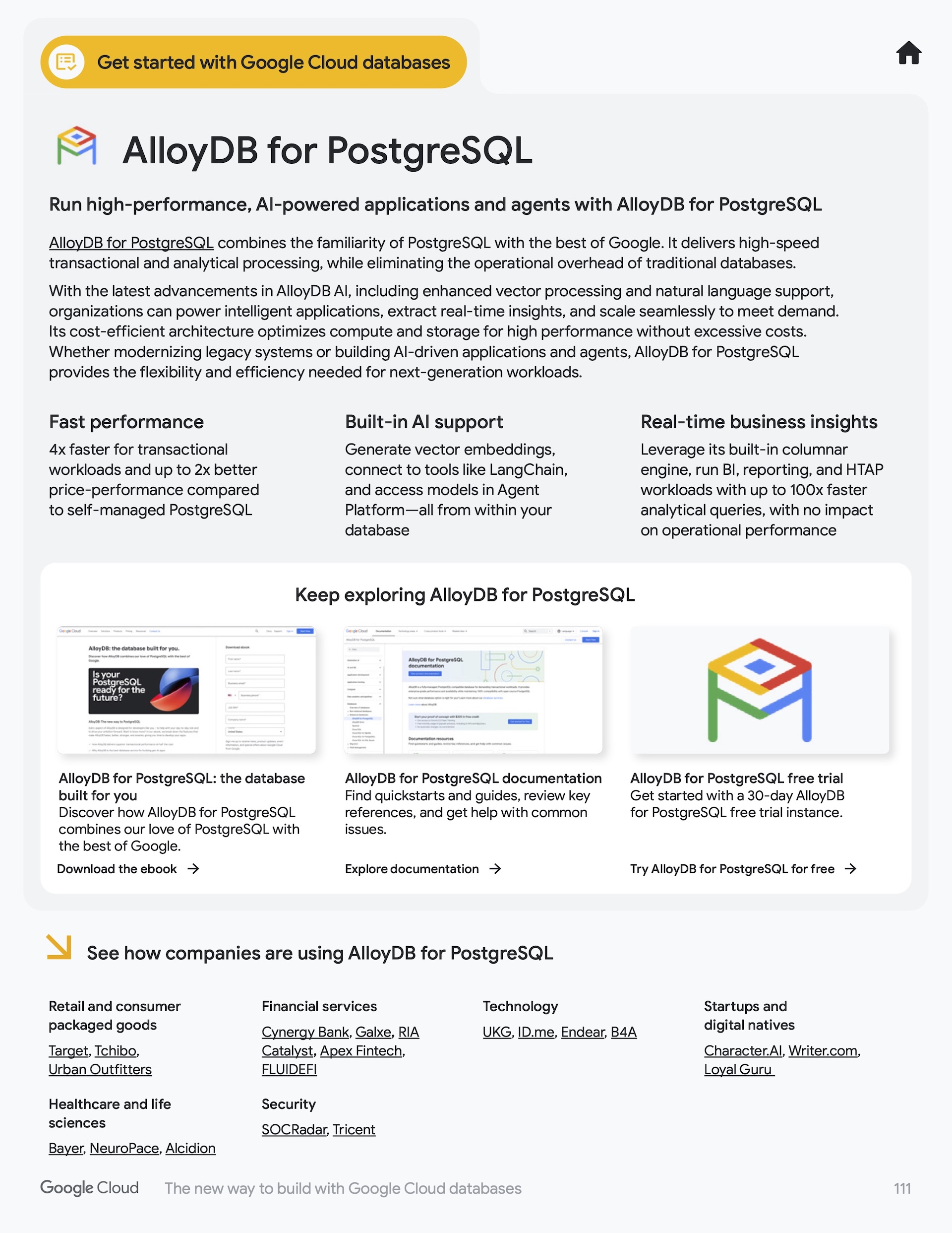 Resource page for AlloyDB for PostgreSQL with benefit columns and documentation thumbnails.