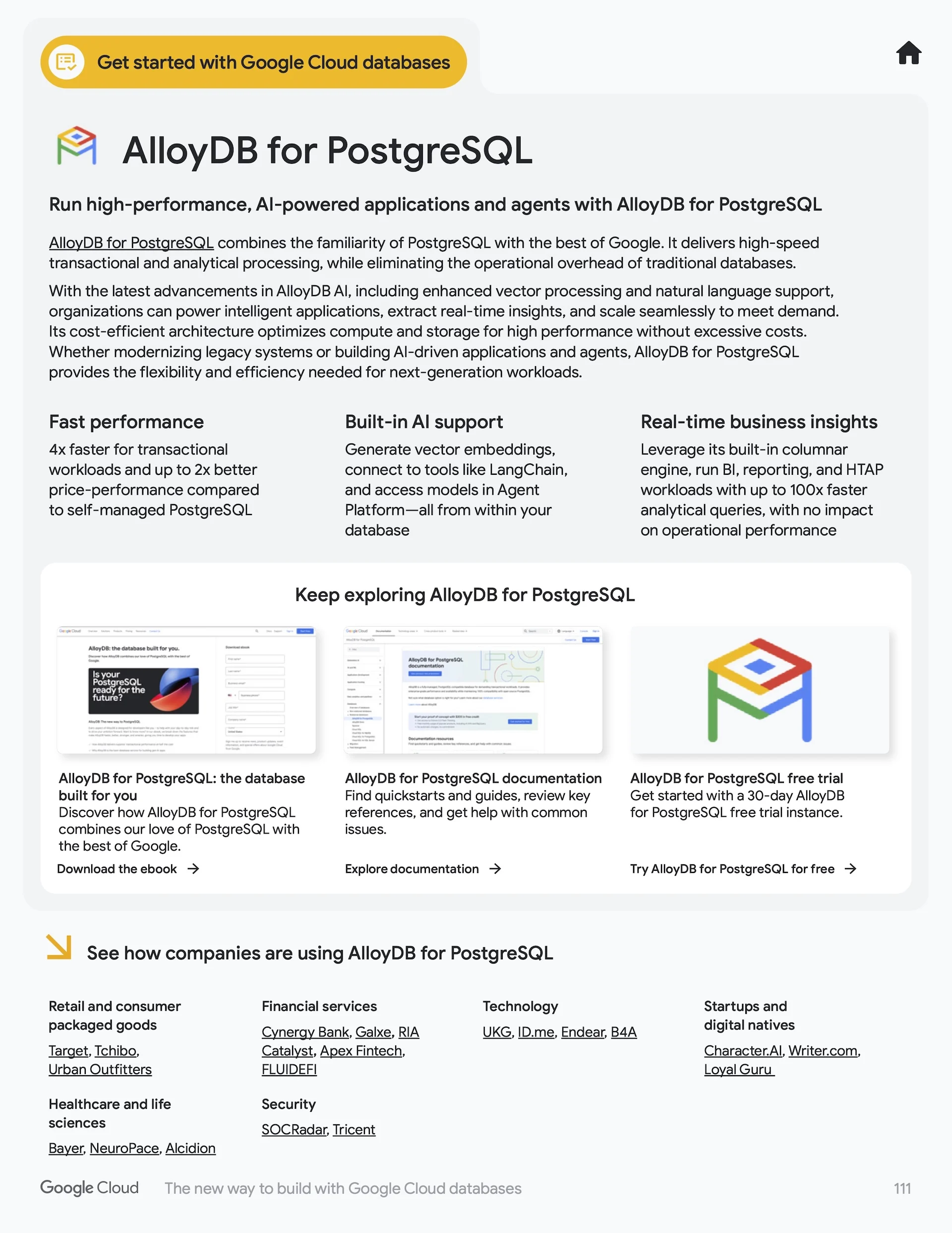 Resource page for AlloyDB for PostgreSQL with benefit columns and documentation thumbnails.