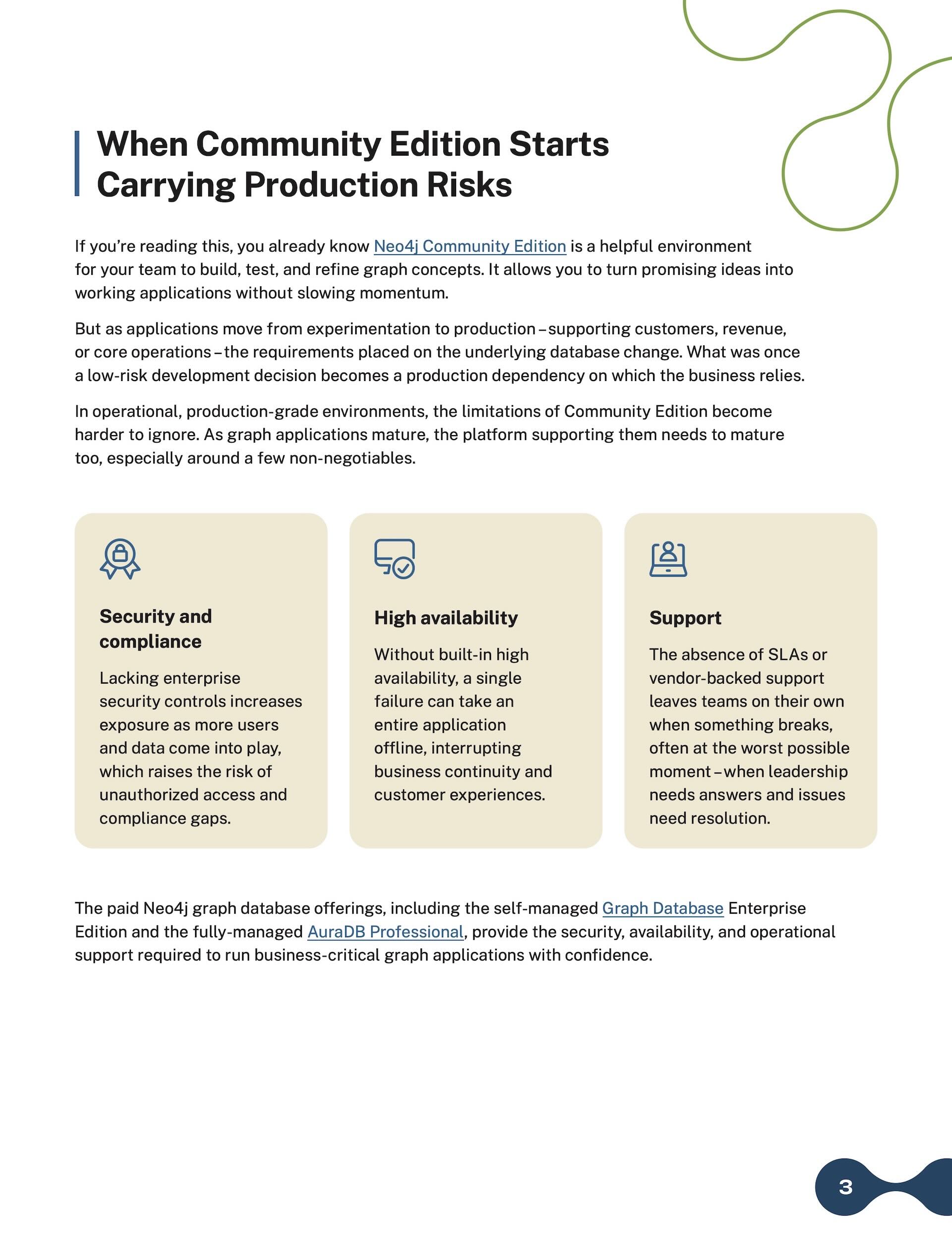 Page on Community Edition production risks with three cards: security and compliance, high availability, support.