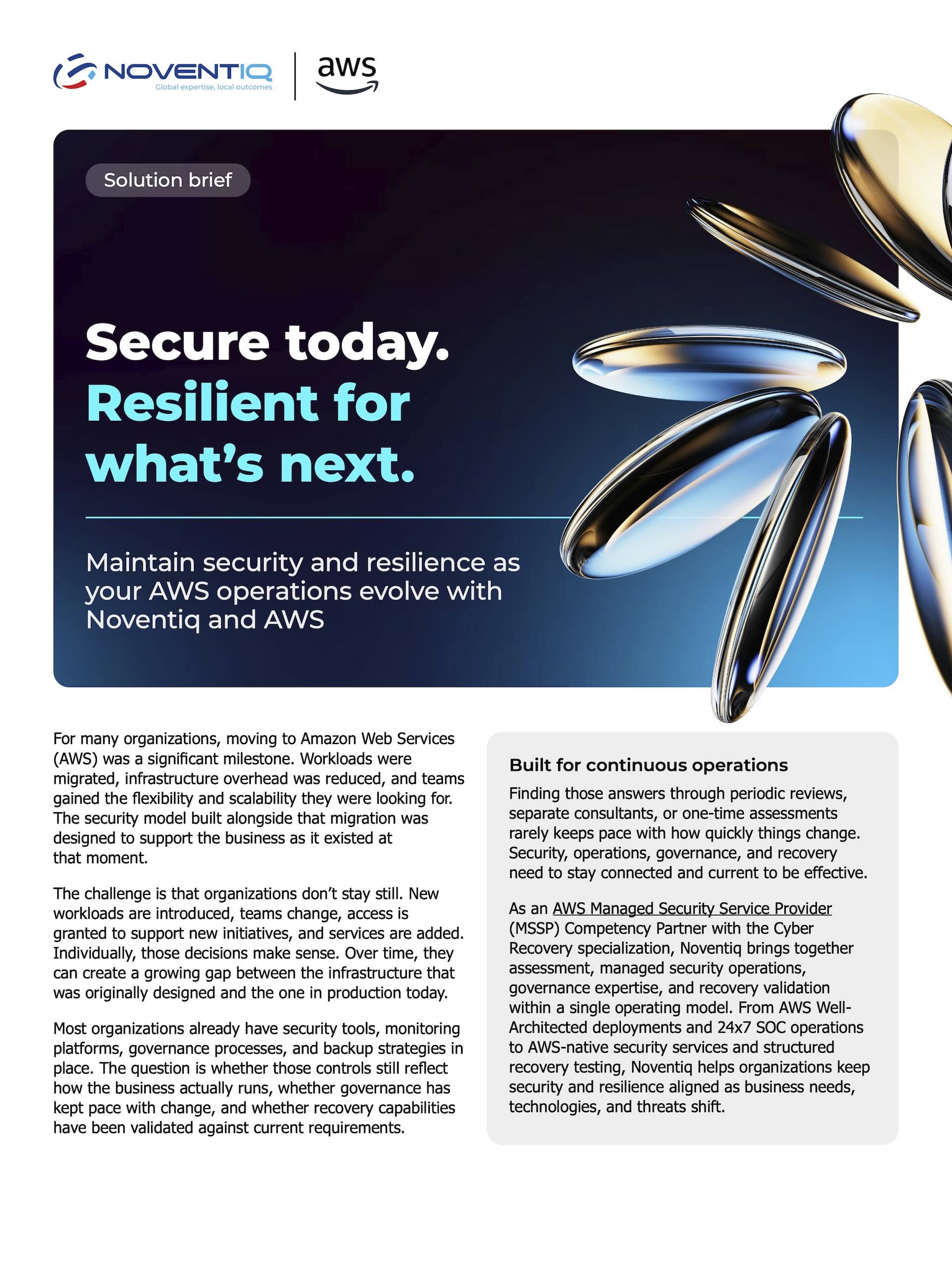 First page of the Noventiq and AWS solution brief, with a navy hero card reading Secure today. Resilient for what's next.