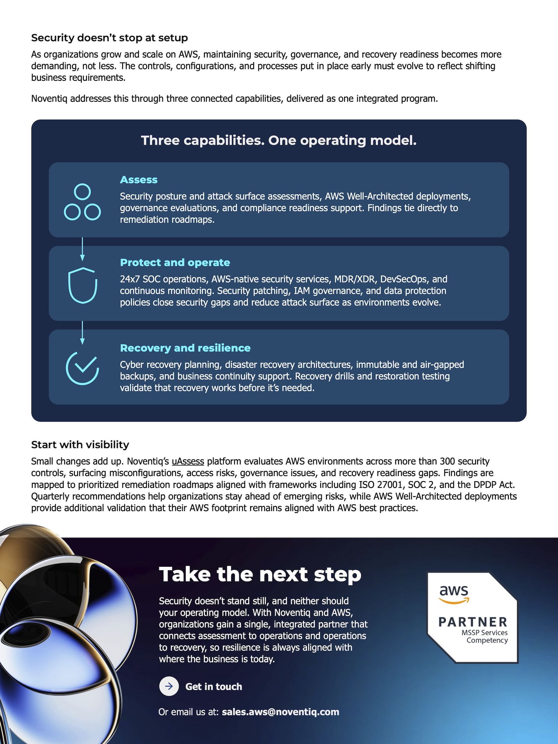 Second page with a navy panel, Three capabilities. One operating model., and a gradient call-to-action band.