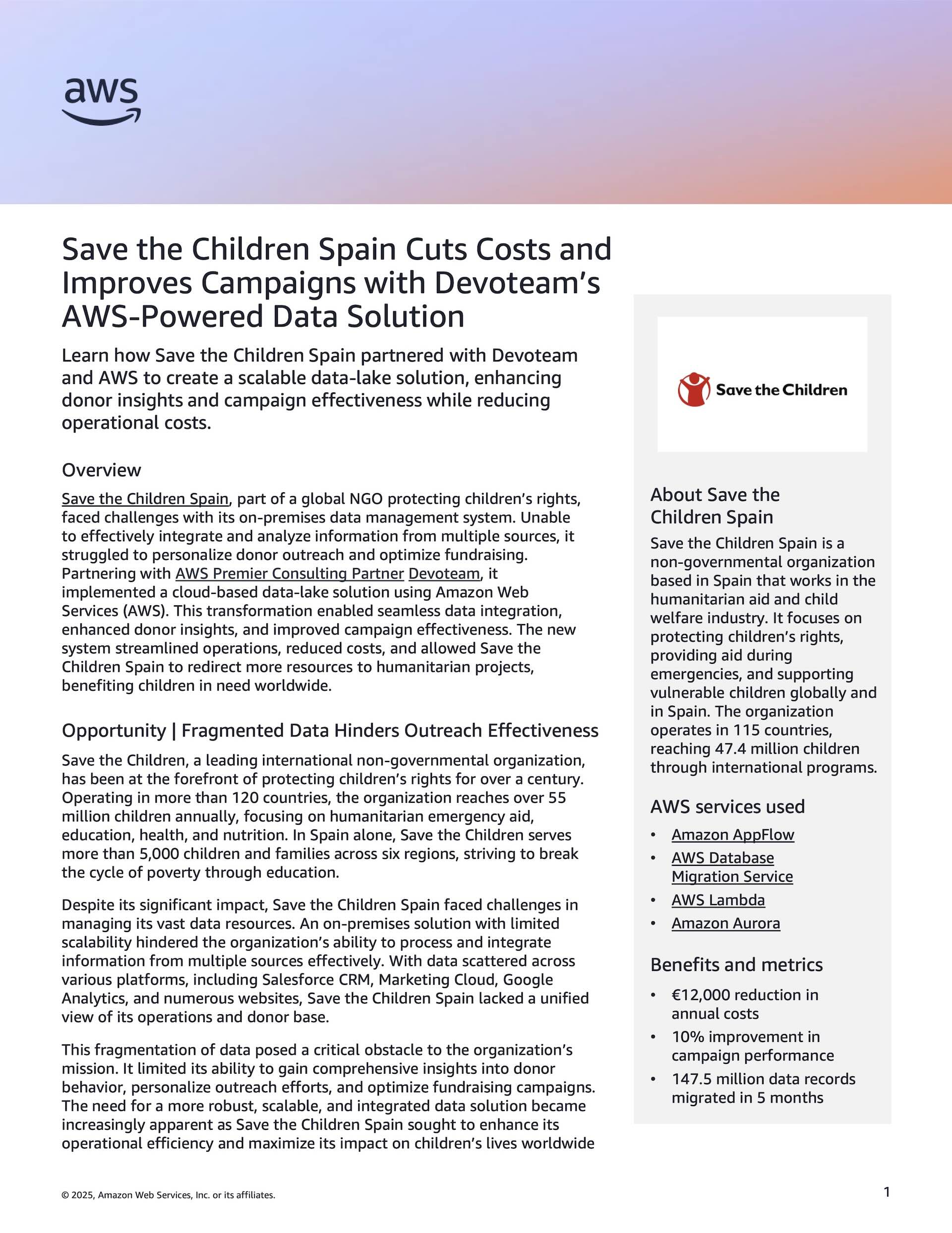 First page of the AWS case study on Save the Children Spain, with a pastel gradient header and a sidebar listing AWS services used and benefits.