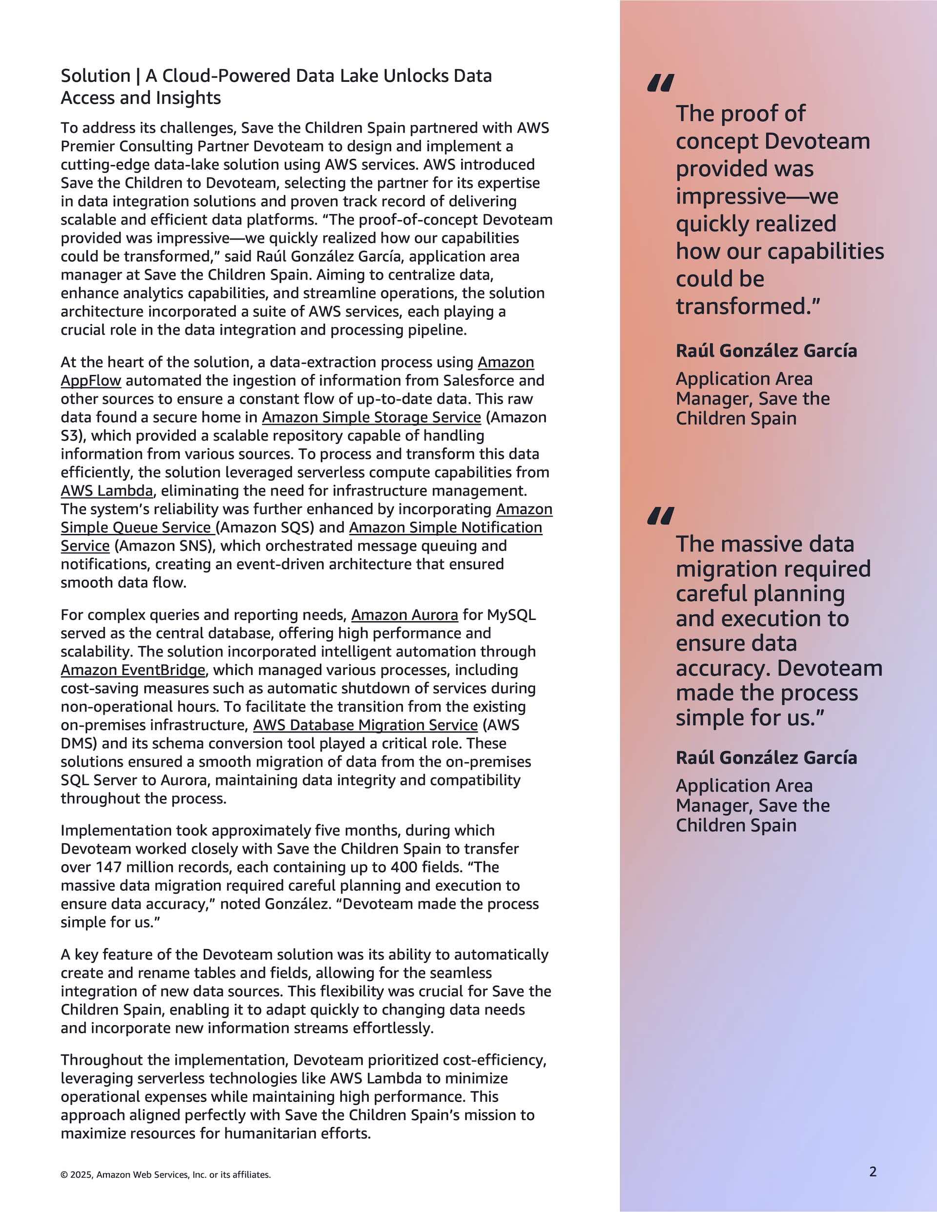 Second page with the data lake solution narrative beside two pull quotes from Save the Children Spain on a coral and lavender gradient panel.