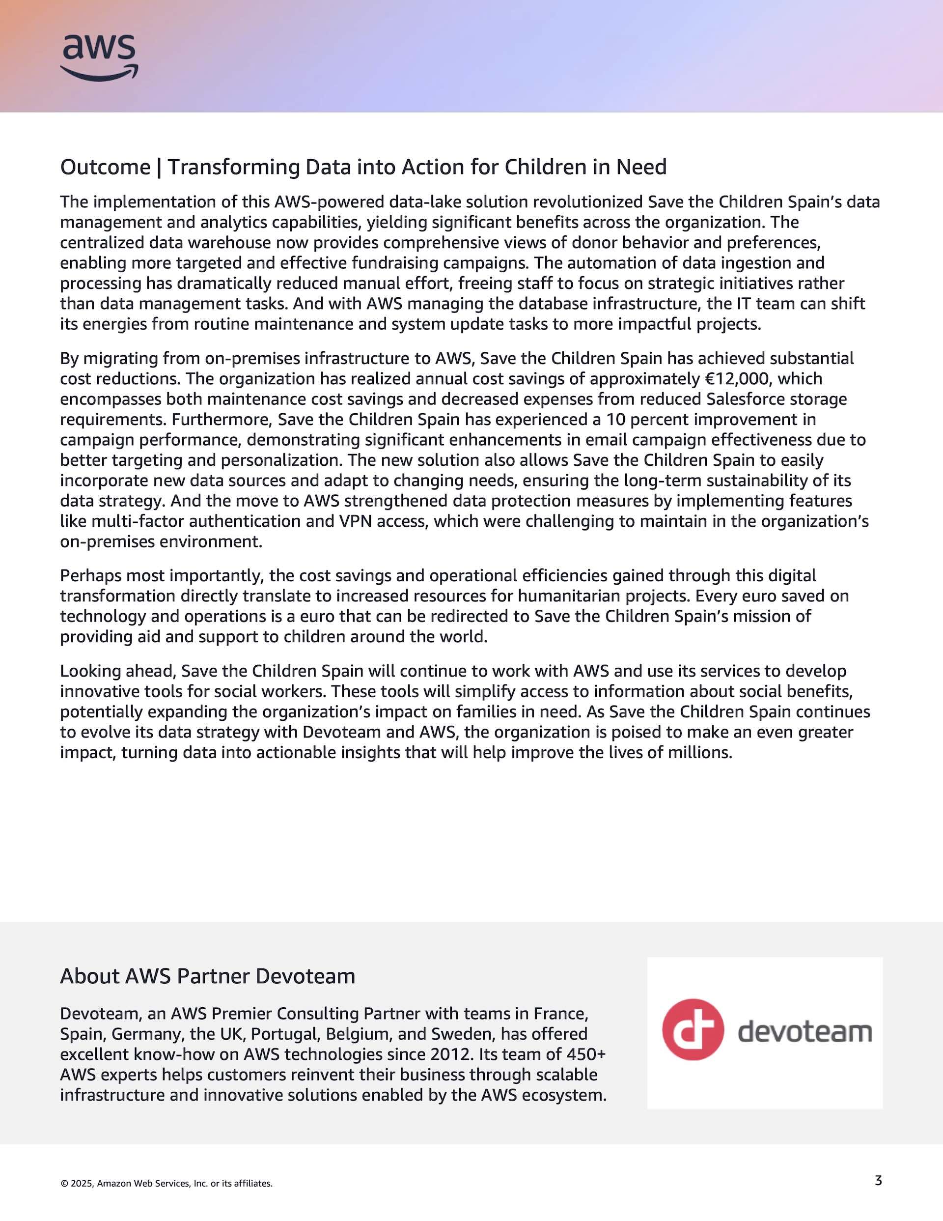 Third page with the outcome section and an About AWS Partner Devoteam footer panel.