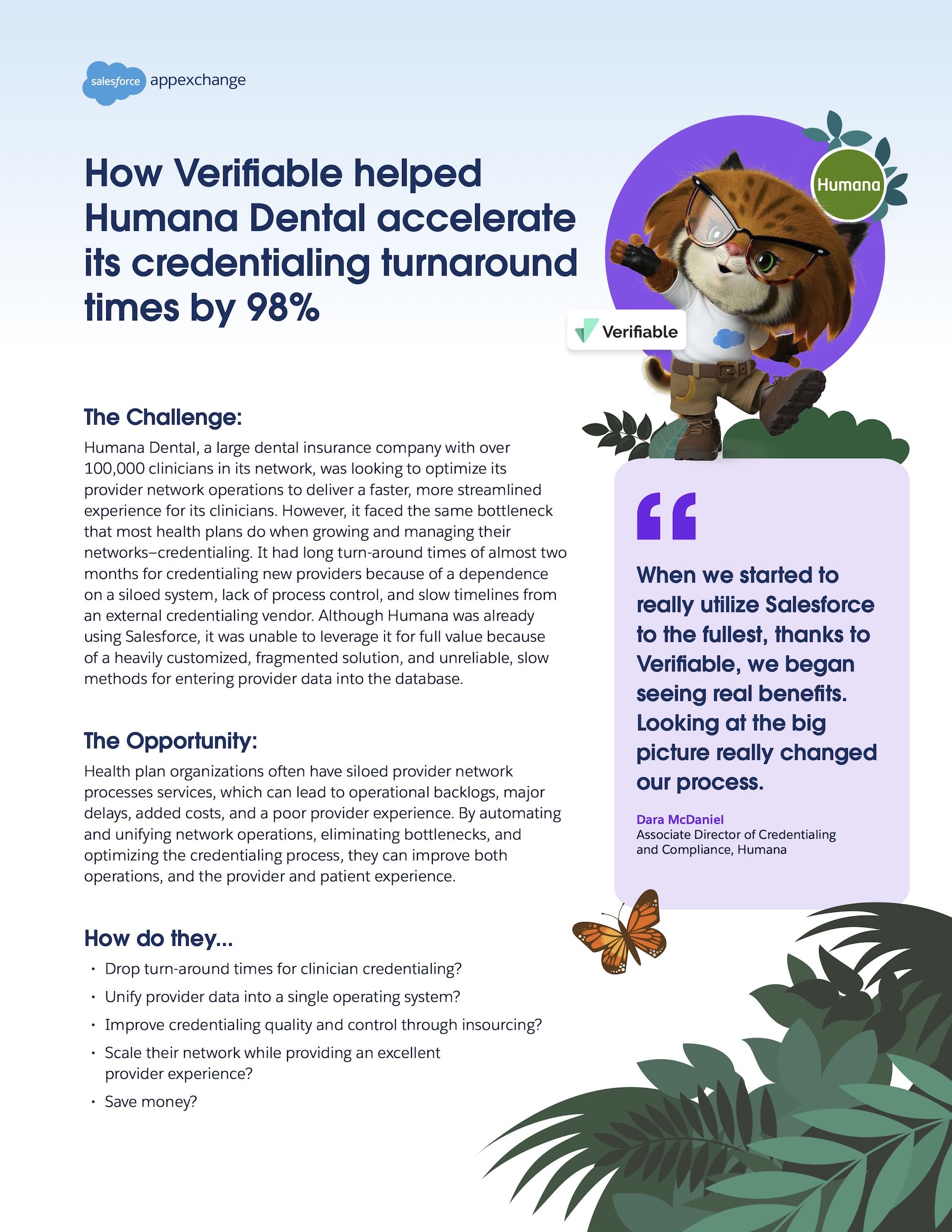 First page of the Verifiable and Humana Dental case study, with a cartoon lynx mascot in glasses and a customer quote on a lavender card.