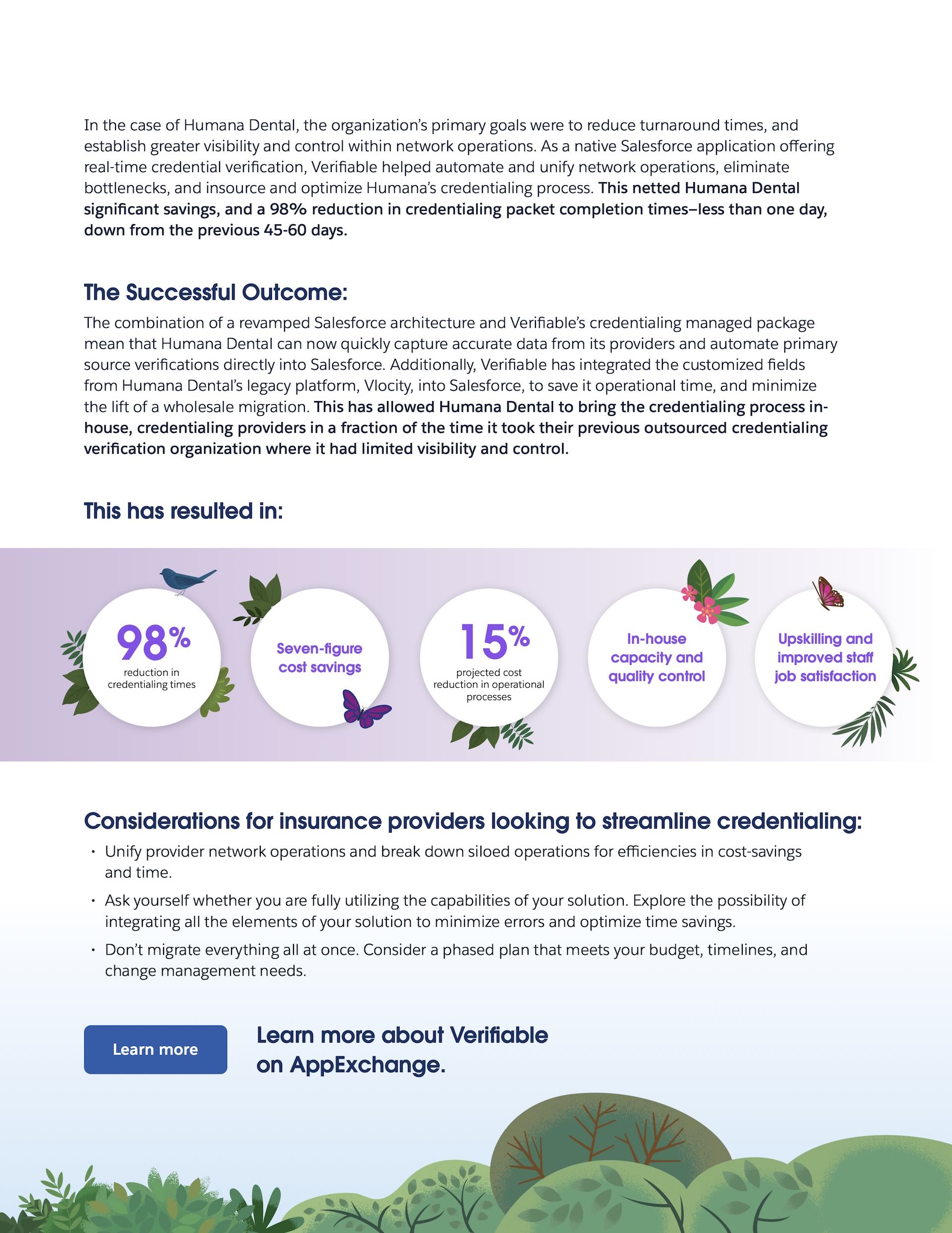 Second page with five white result circles on a lavender band, led by a 98 percent reduction in credentialing times, above illustrated foliage.
