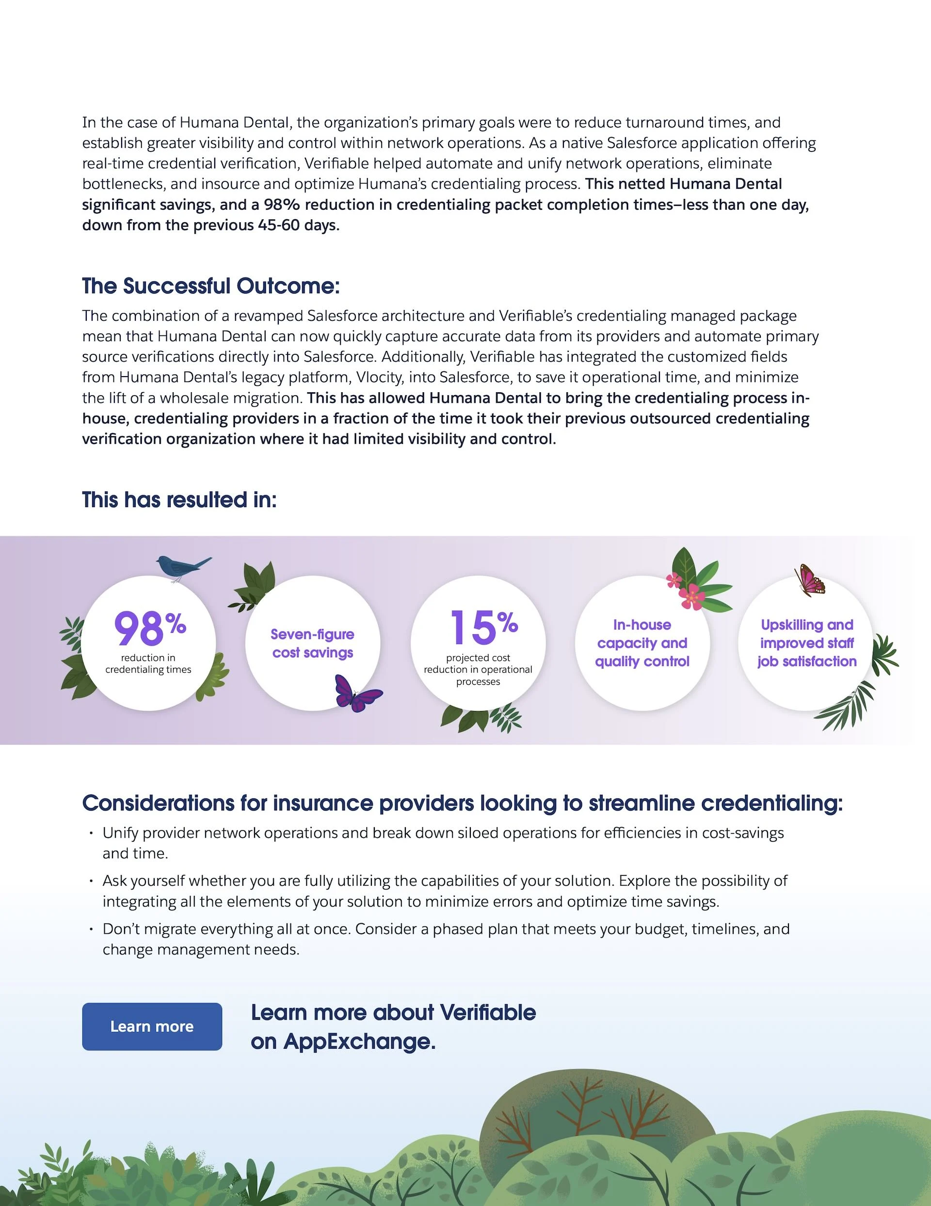 Second page with five white result circles on a lavender band, led by a 98 percent reduction in credentialing times, above illustrated foliage.