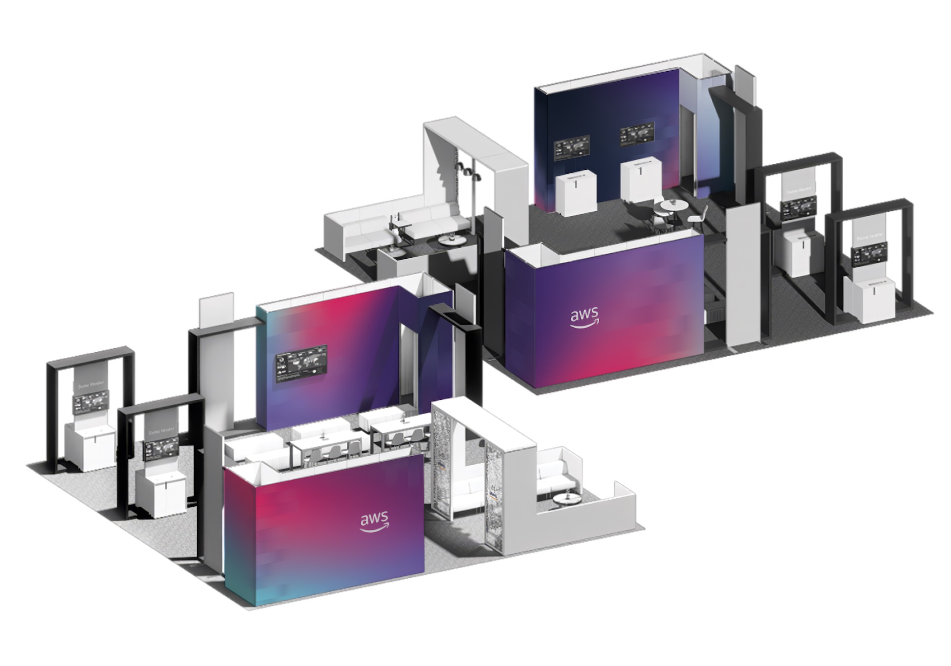 3D rendering of an AWS booth with magenta-to-blue gradient counters and demo stations.
