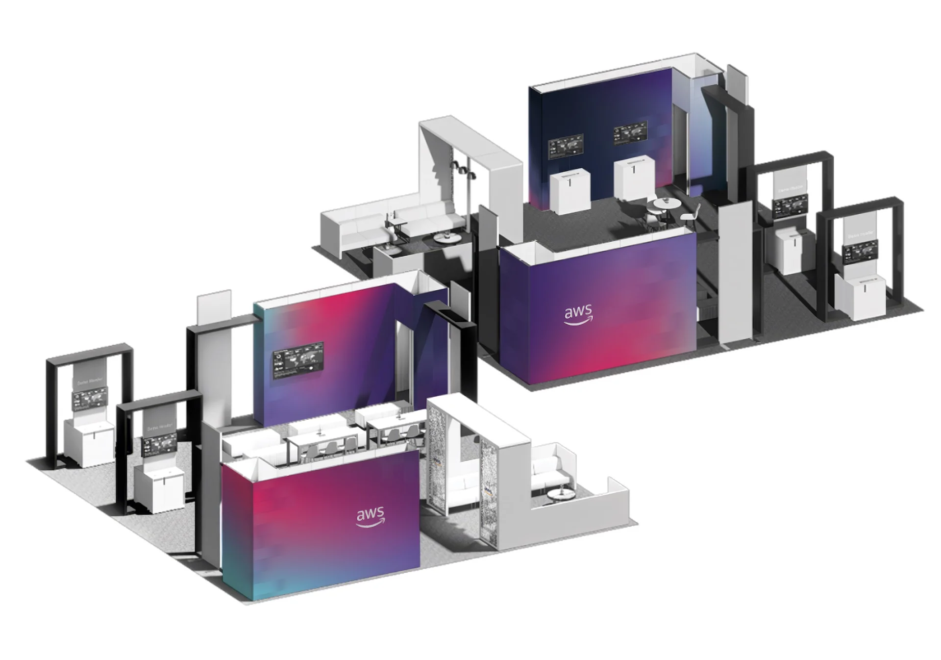 3D rendering of an AWS booth with magenta-to-blue gradient counters and demo stations.