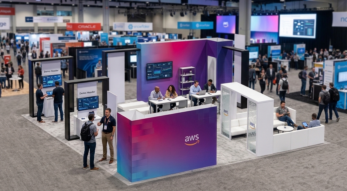 AWS booth on a busy show floor with gradient counters, demo screens, and a white lounge.