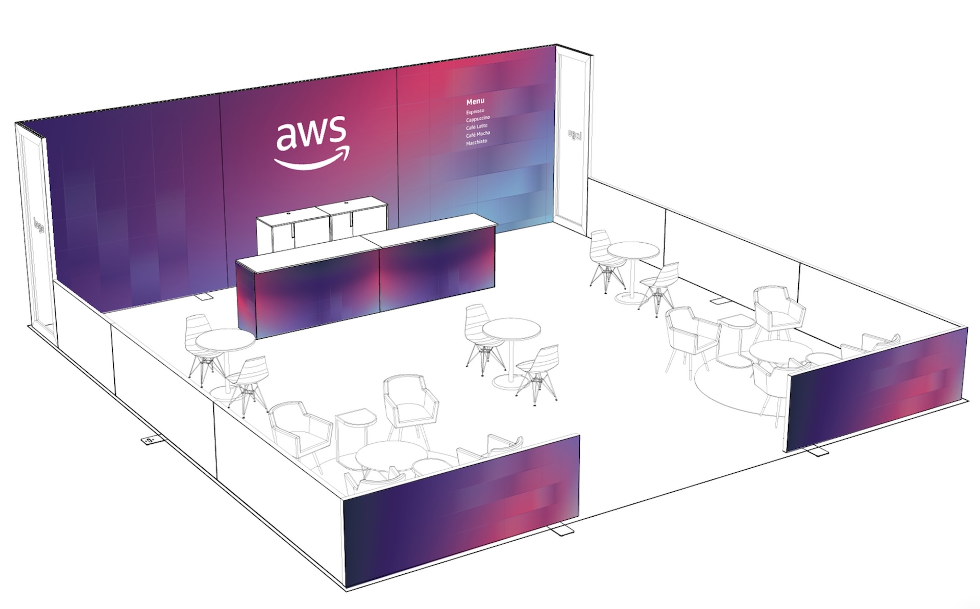 Line rendering of an AWS lounge booth with gradient walls, a coffee bar, and a menu panel.
