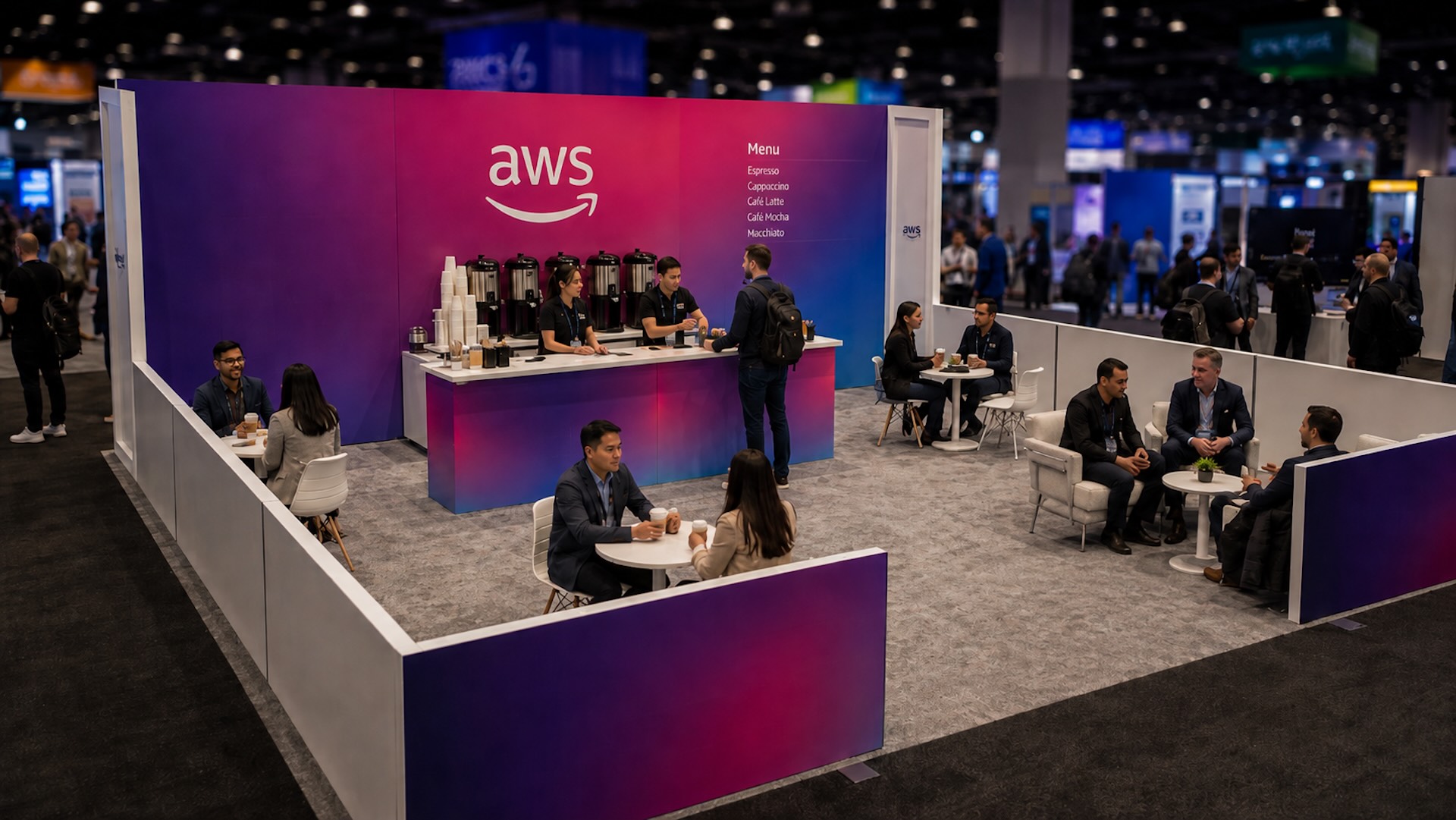 AWS lounge booth on the show floor with a coffee bar and attendees at small tables.