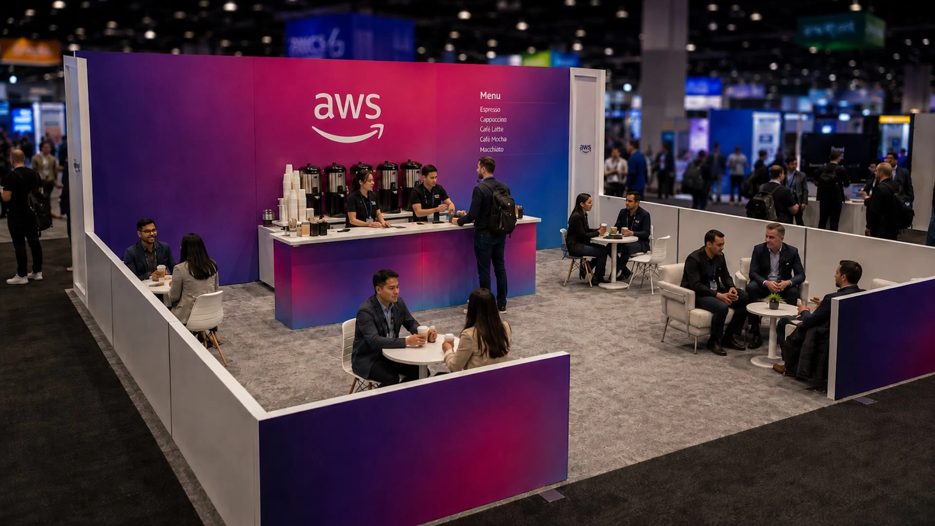 AWS lounge booth on the show floor with a coffee bar and attendees at small tables.