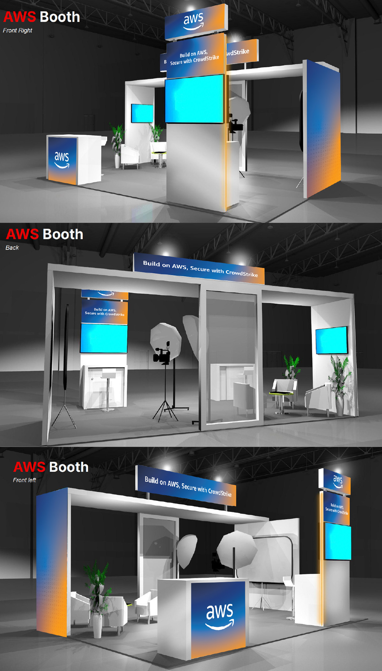 Three rendered views of an AWS booth, Build on AWS, Secure with CrowdStrike, with orange-to-blue gradient panels.