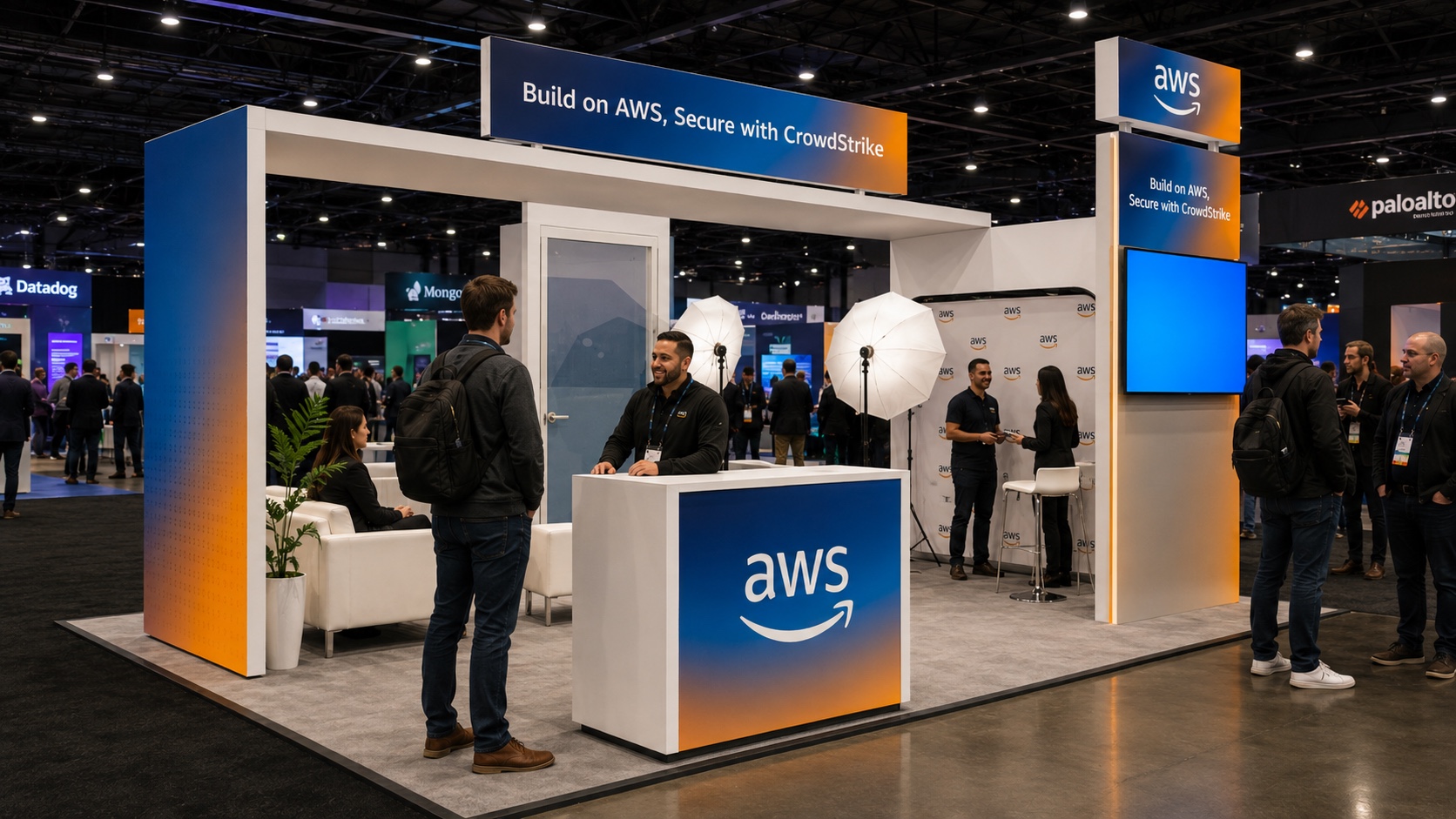 AWS booth on the show floor with a Build on AWS, Secure with CrowdStrike header and a gradient counter.