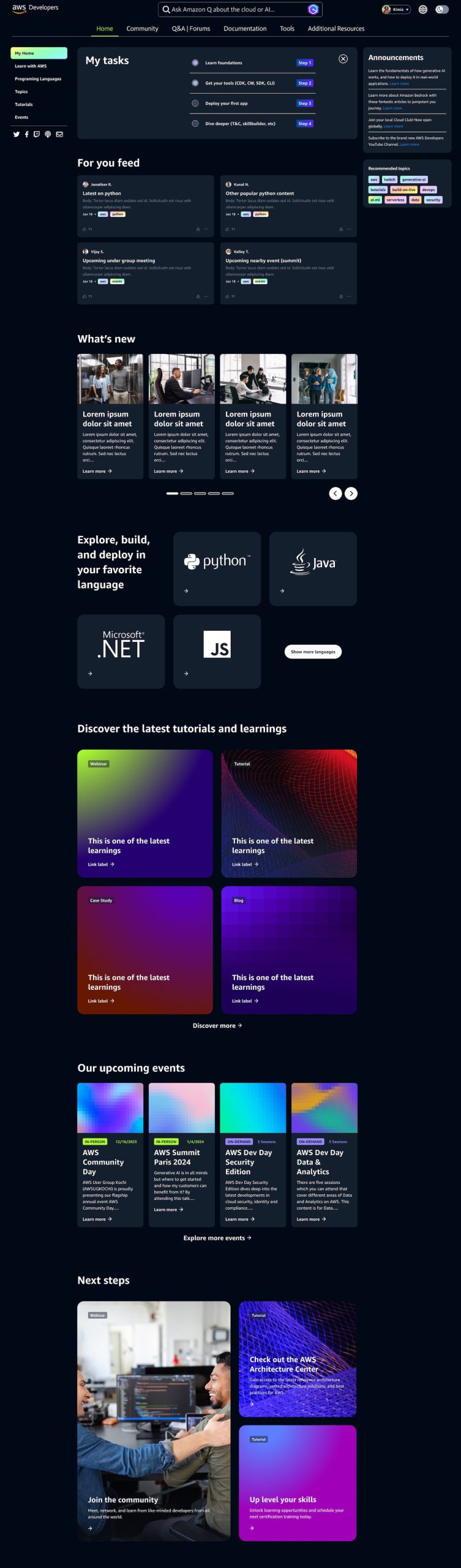 AWS developers page, full-page view