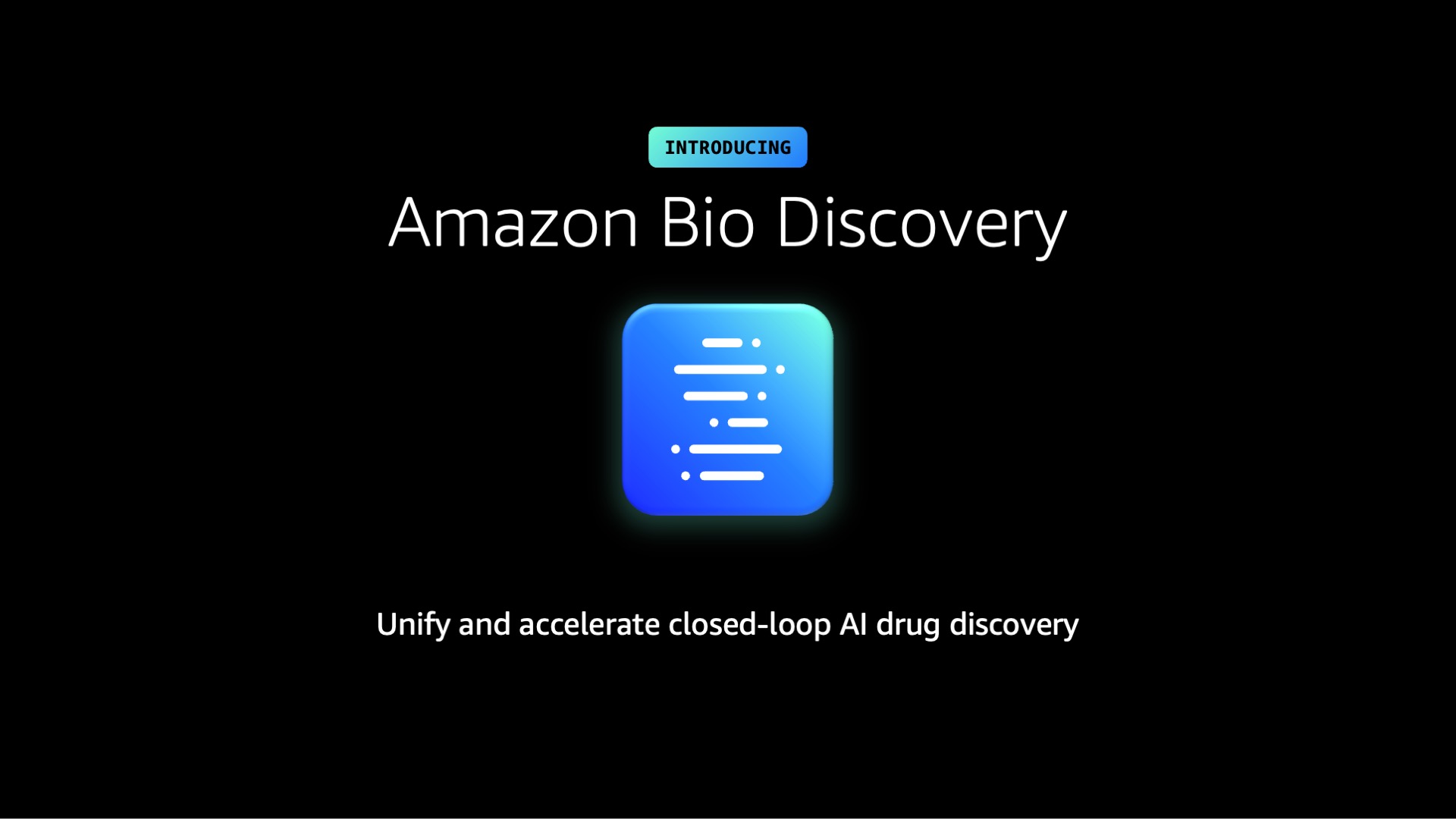 Launch slide introducing Amazon Bio Discovery with a glowing blue app icon.