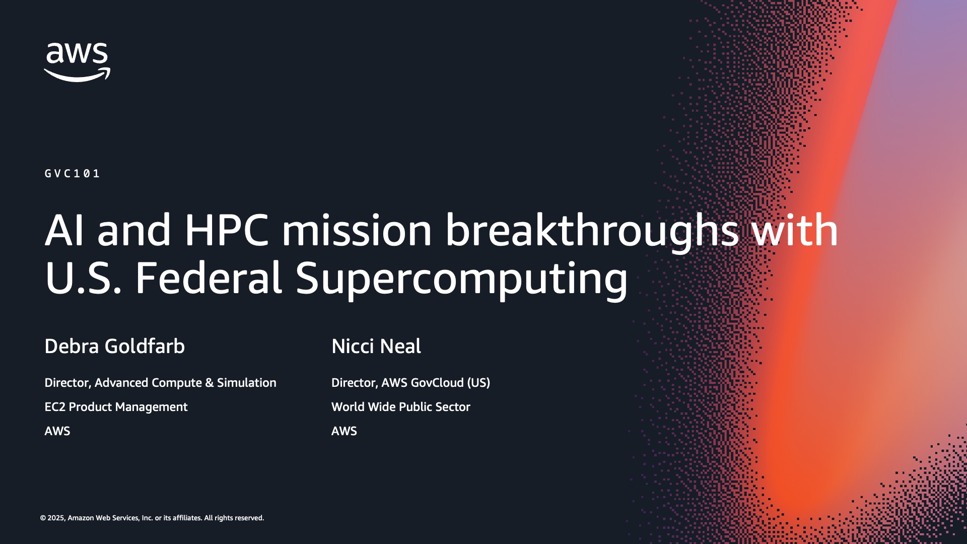 Session title slide, AI and HPC mission breakthroughs with U.S. Federal Supercomputing, with two speakers.