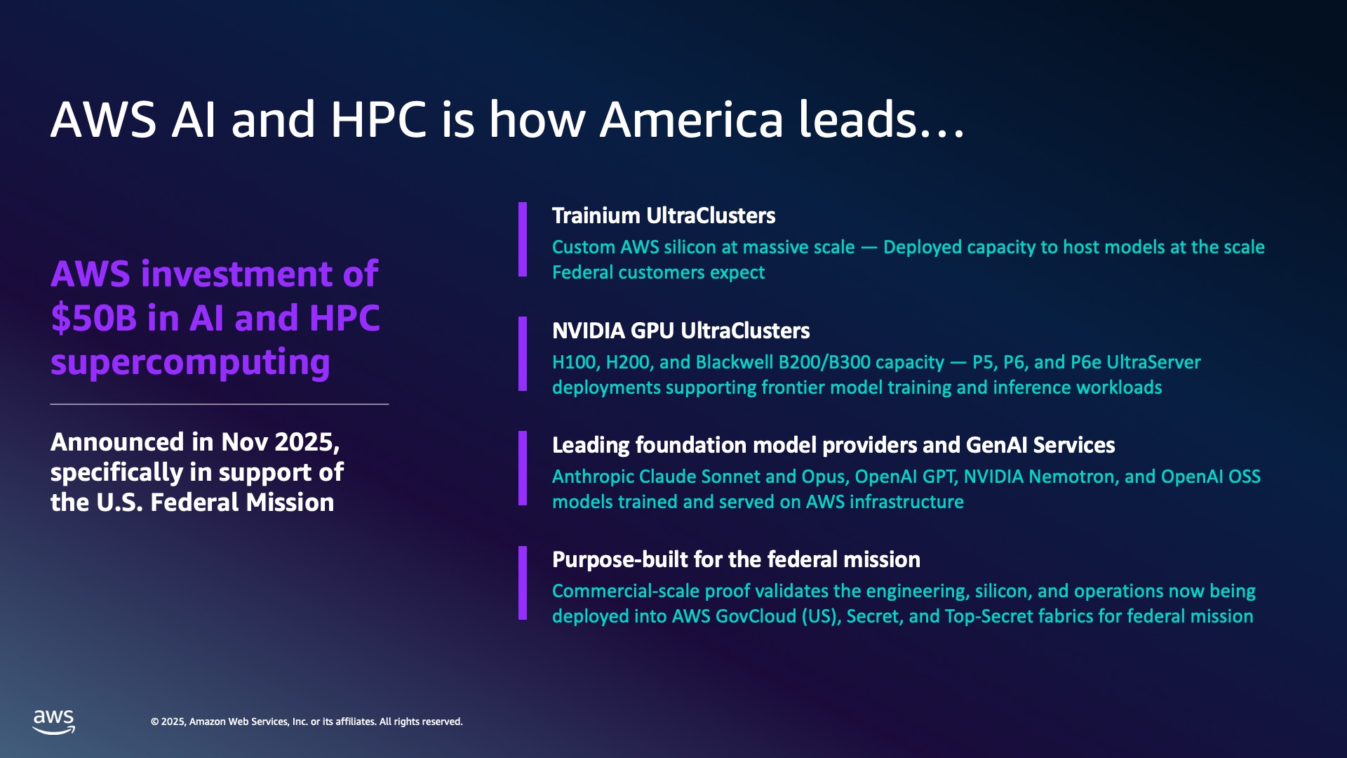 Slide on AWS AI and HPC investment with a 50 billion dollar callout and four purple-barred points.