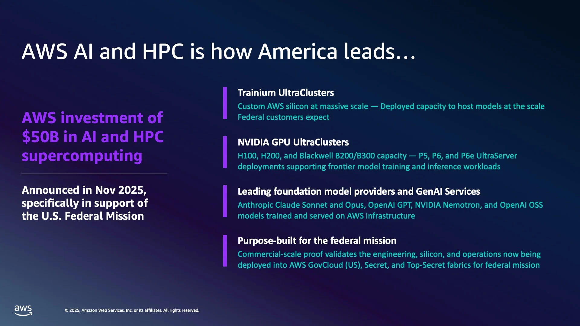 Slide on AWS AI and HPC investment with a 50 billion dollar callout and four purple-barred points.
